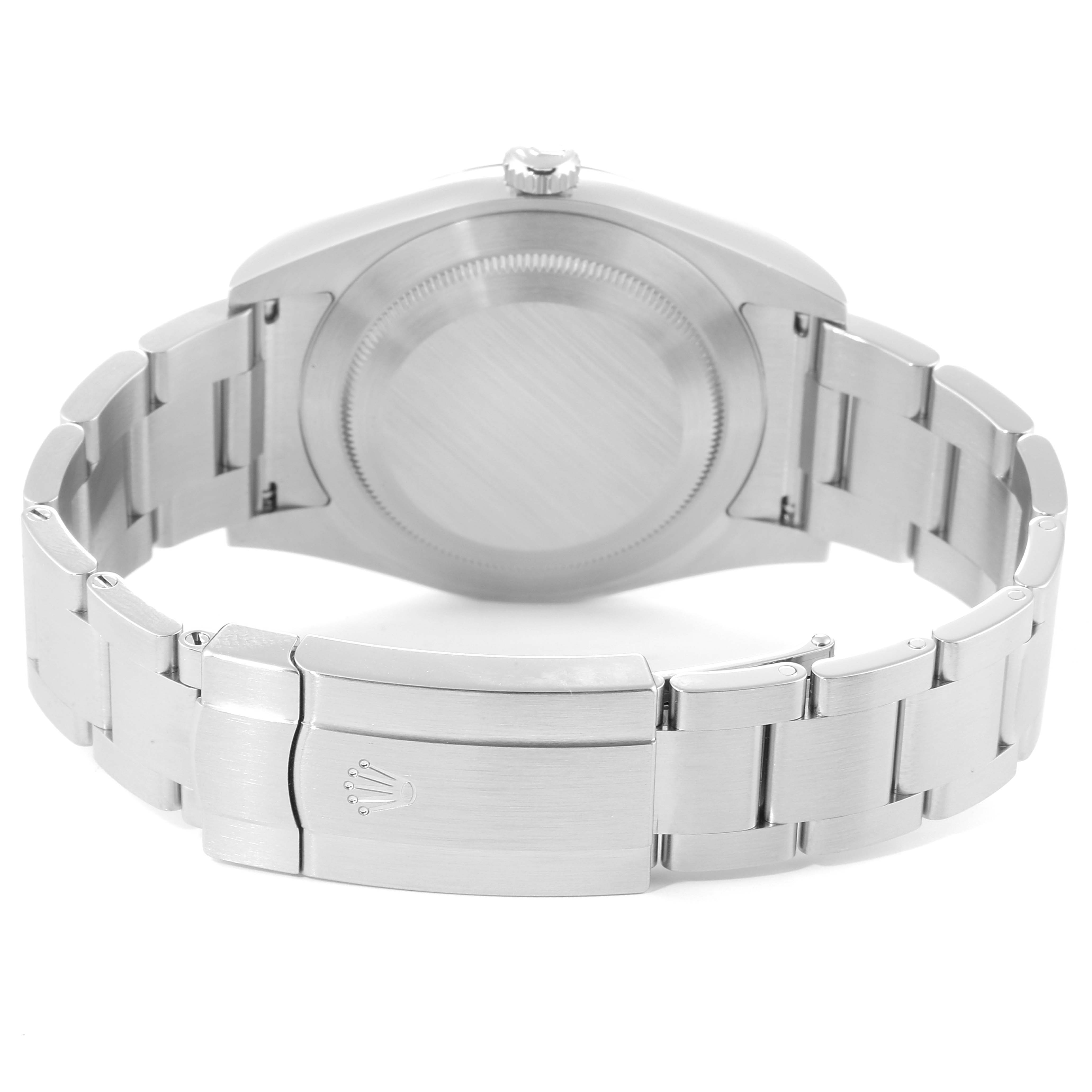 This Rolex Oyster Perpetual 114300 Men's Stainless Steel Black Dial 114300 Men's Stainless Steel Black Dial watch is shown from the back, displaying the case back and bracelet with a clasp.