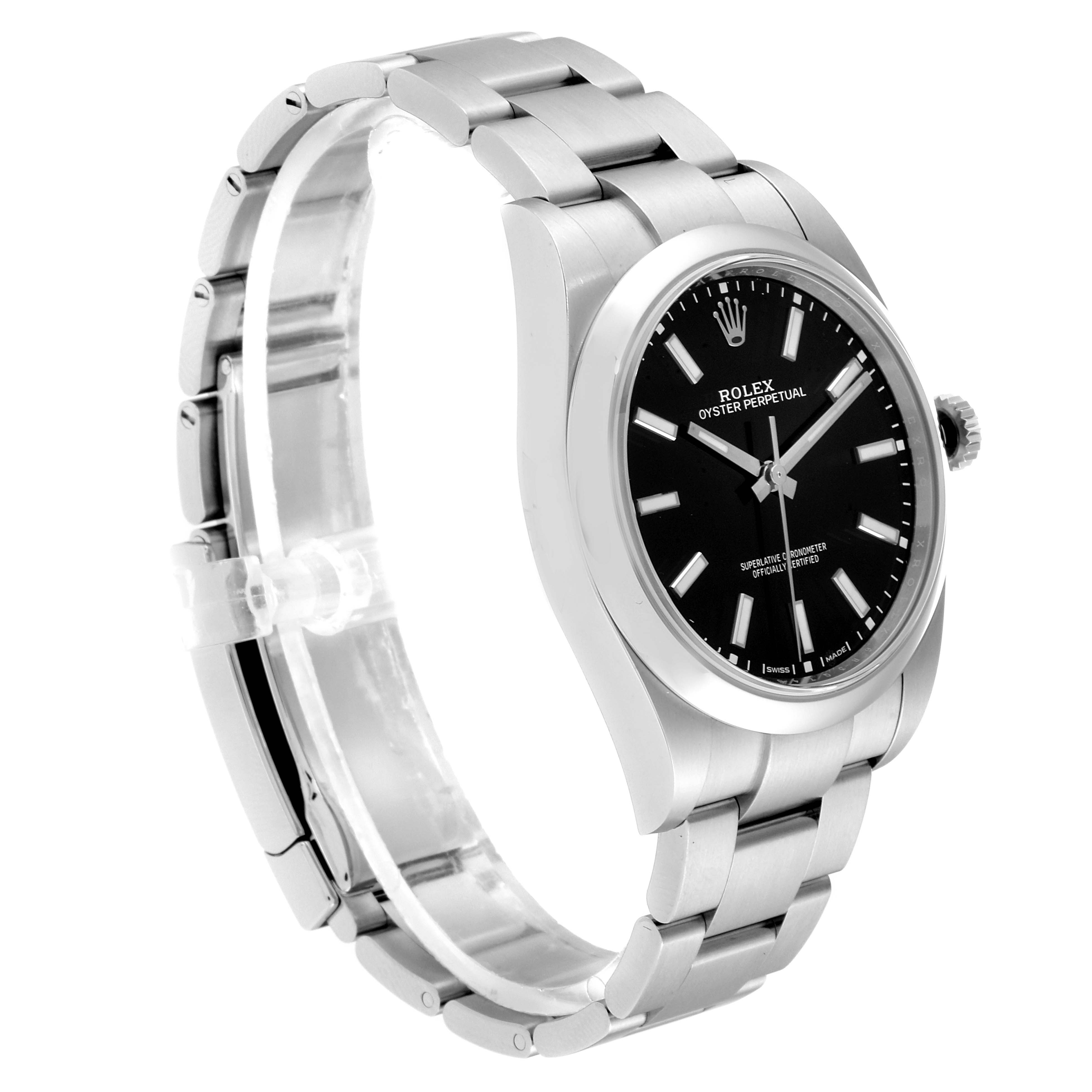 This is an angled side view of a Rolex Oyster Perpetual 114300 Men's Stainless Steel Black Dial 114300 Men's Stainless Steel Black Dial watch, showing its dial, case, bracelet, and crown.