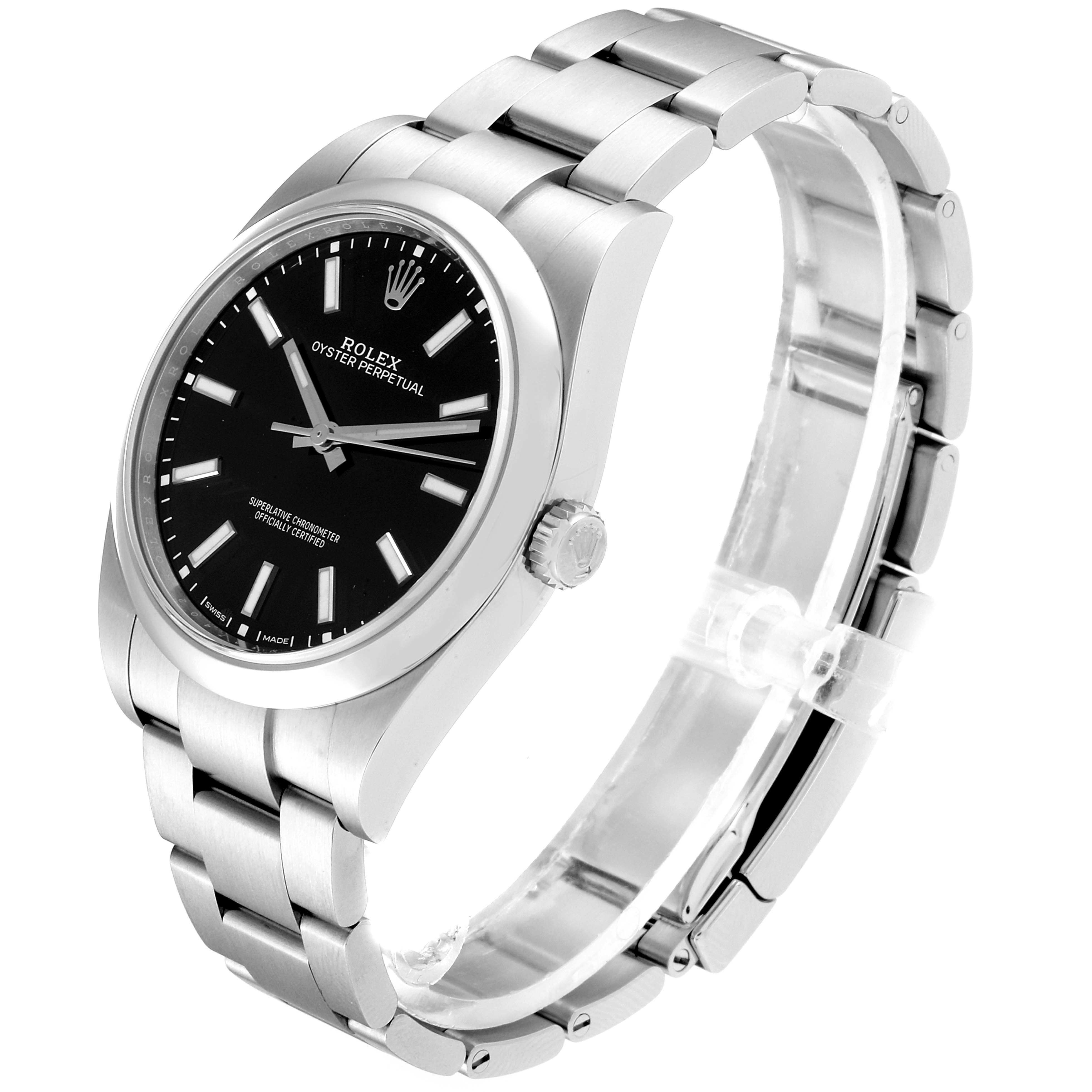 The image shows a Rolex Oyster Perpetual 114300 Men's Stainless Steel Black Dial 114300 Men's Stainless Steel Black Dial watch at a side angle, highlighting the case, bracelet, crown, and black dial.