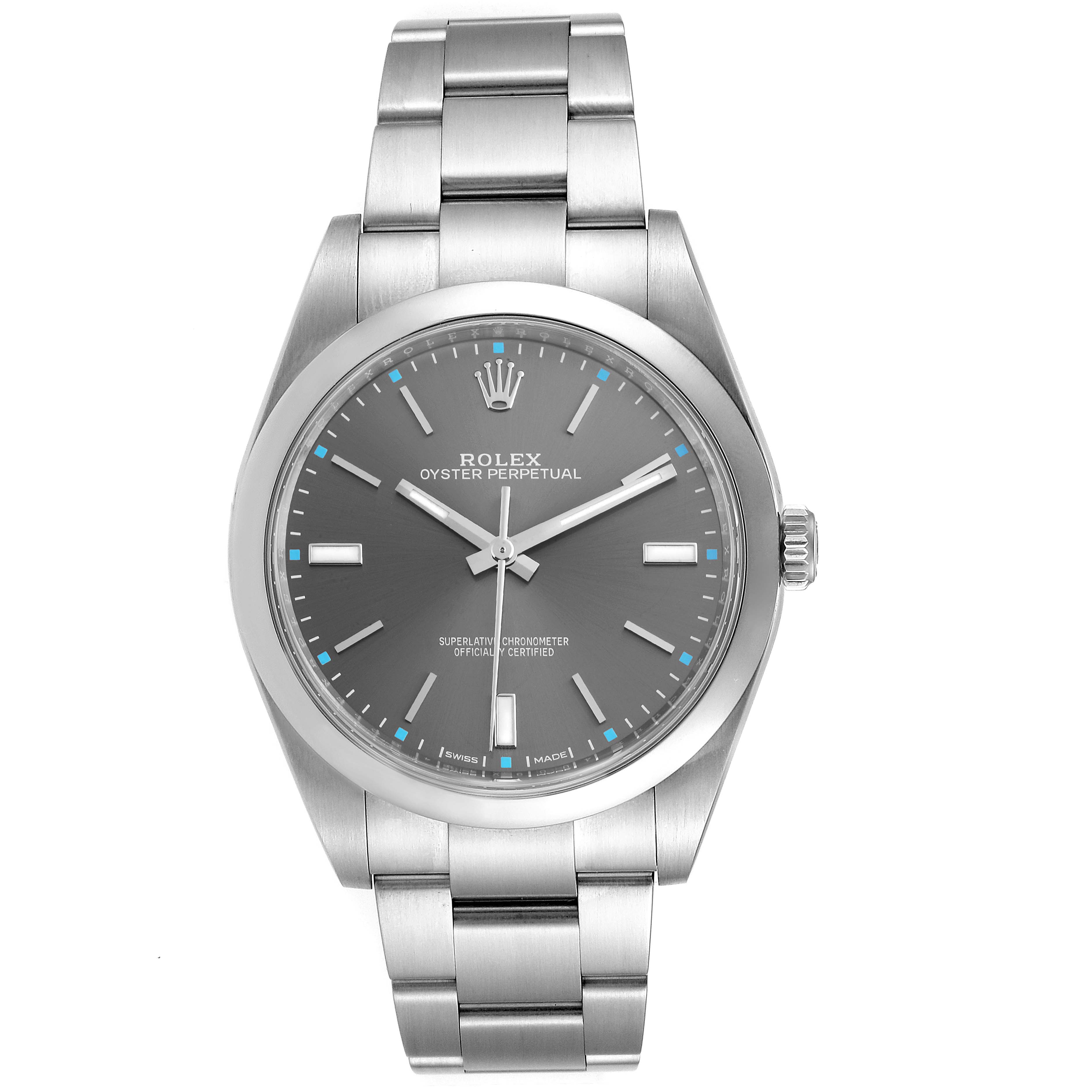 This image shows a Rolex Oyster Perpetual 114300  Men's Stainless Steel Silver Dial 114300  Men's Stainless Steel Silver Dial watch from a front angle, highlighting its dial, bezel, and bracelet.