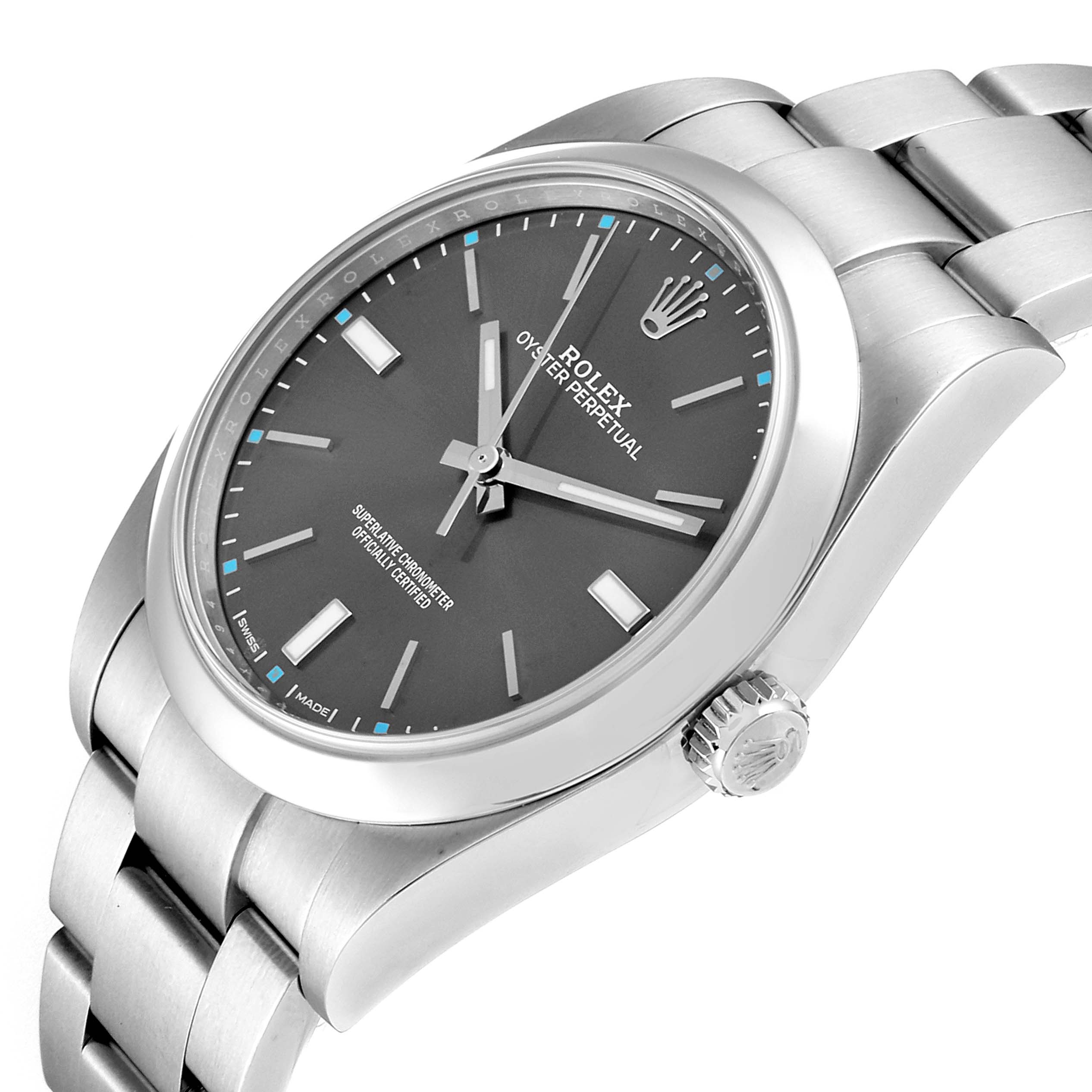 This image shows a Rolex Oyster Perpetual 114300  Men's Stainless Steel Silver Dial 114300  Men's Stainless Steel Silver Dial watch with a side-angle view highlighting the face, crown, and stainless steel bracelet.