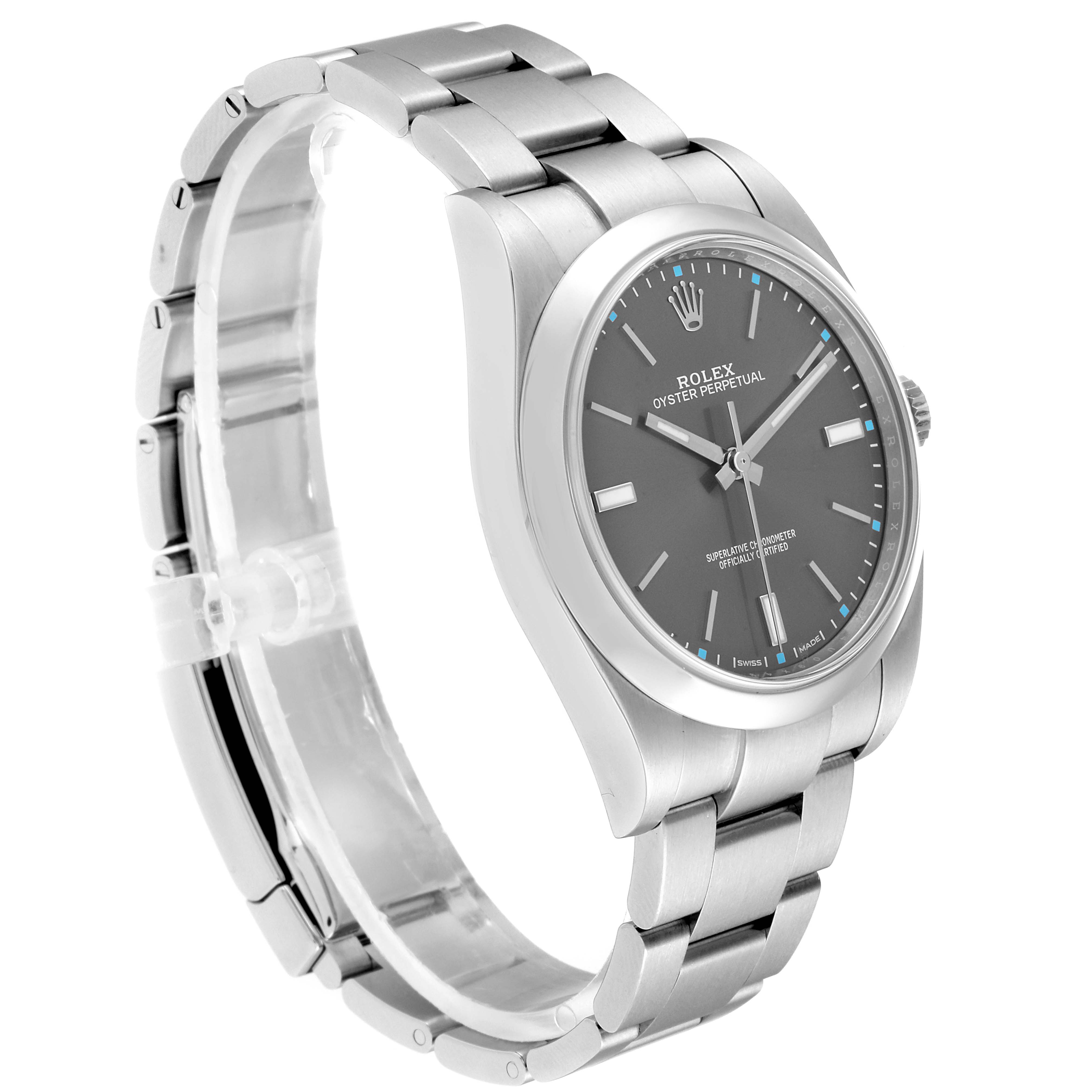 The Rolex Oyster Perpetual 114300  Men's Stainless Steel Silver Dial 114300  Men's Stainless Steel Silver Dial watch is shown at a slight side angle, displaying the face, crown, and bracelet.