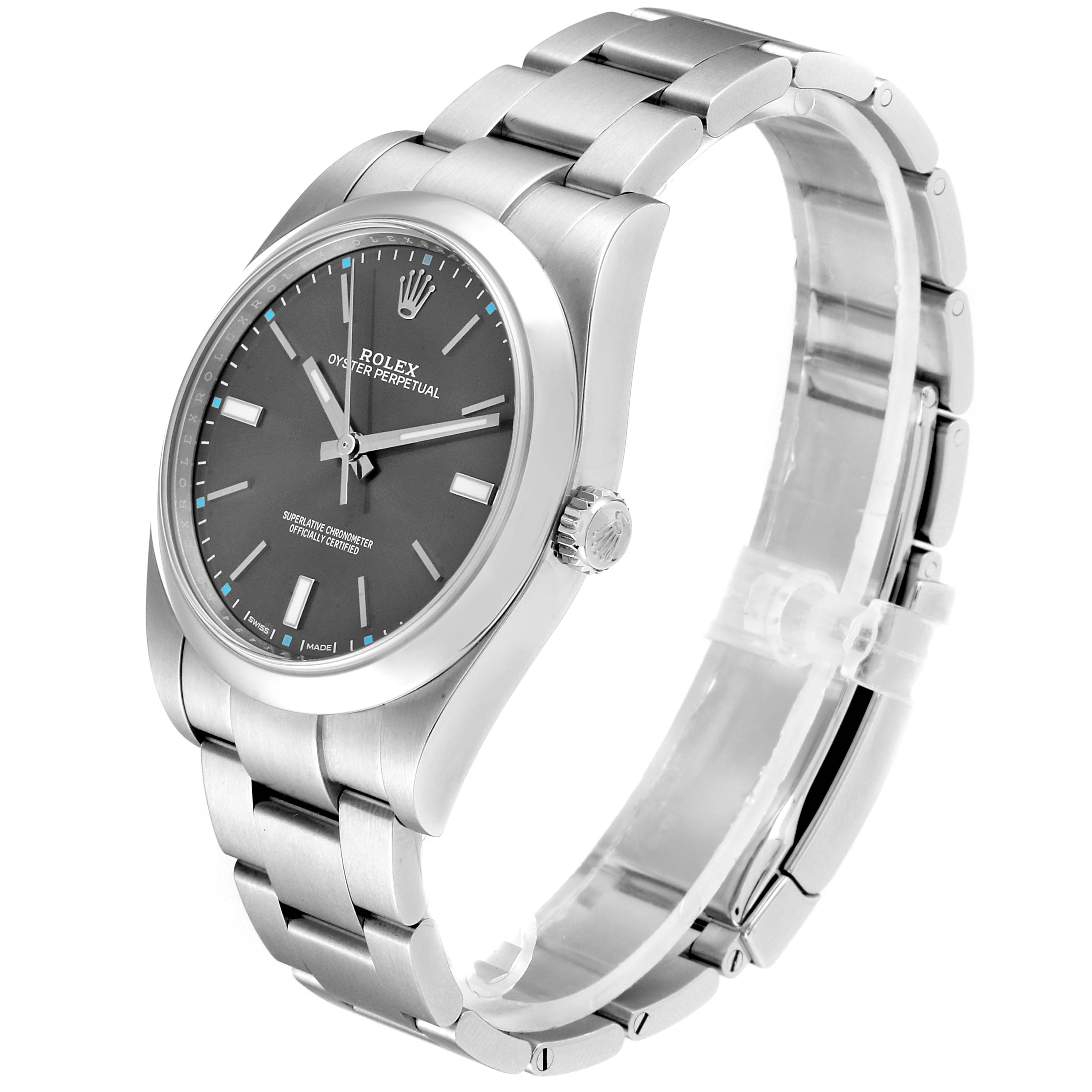 This image shows a Rolex Oyster Perpetual 114300  Men's Stainless Steel Silver Dial 114300  Men's Stainless Steel Silver Dial watch at a three-quarter angle, displaying the face, bezel, crown, and part of the bracelet.