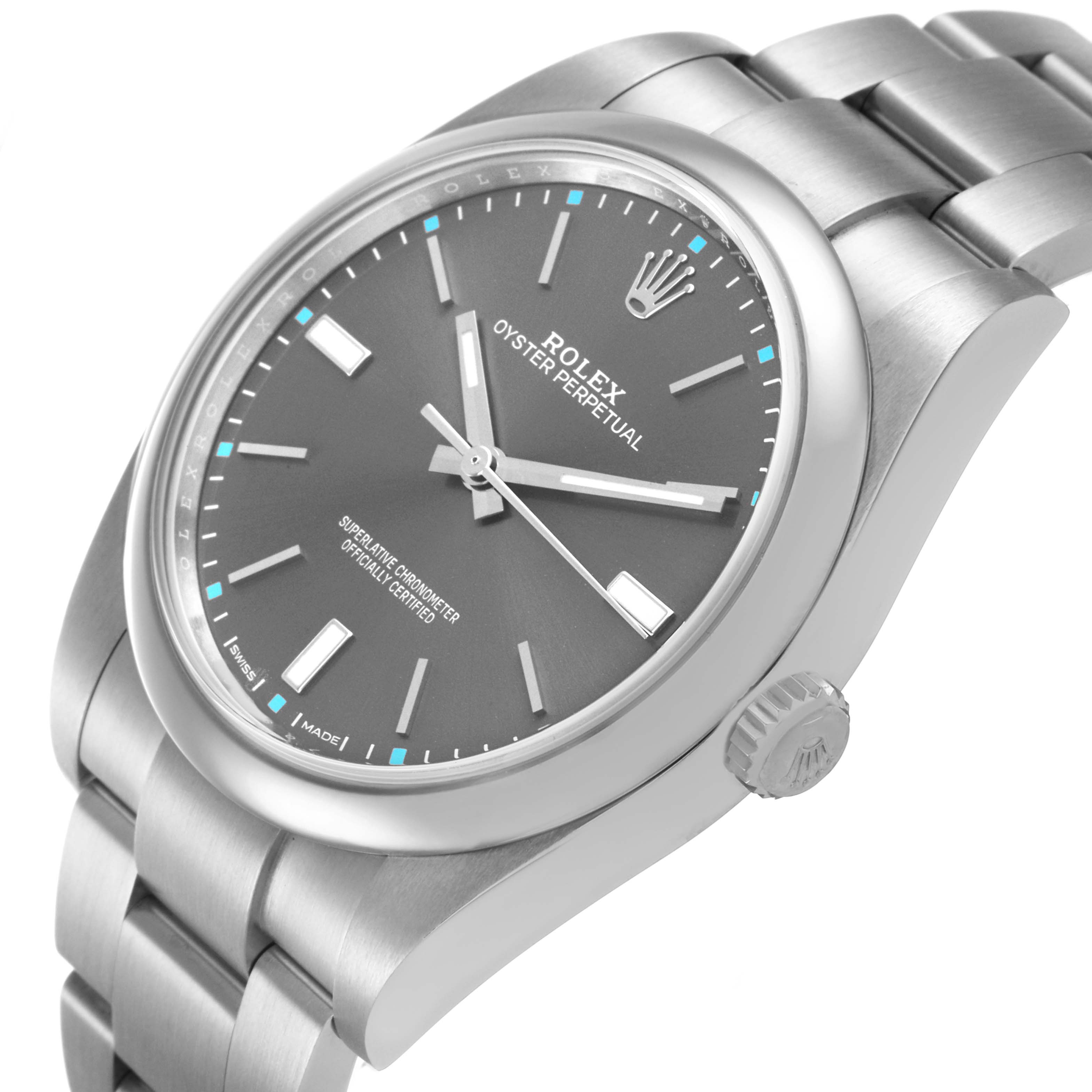 The Rolex Oyster Perpetual 114300 Men's Stainless Steel Grey Dial watch is shown at a slight angle, highlighting its dial, bezel, case, crown, and part of the bracelet.