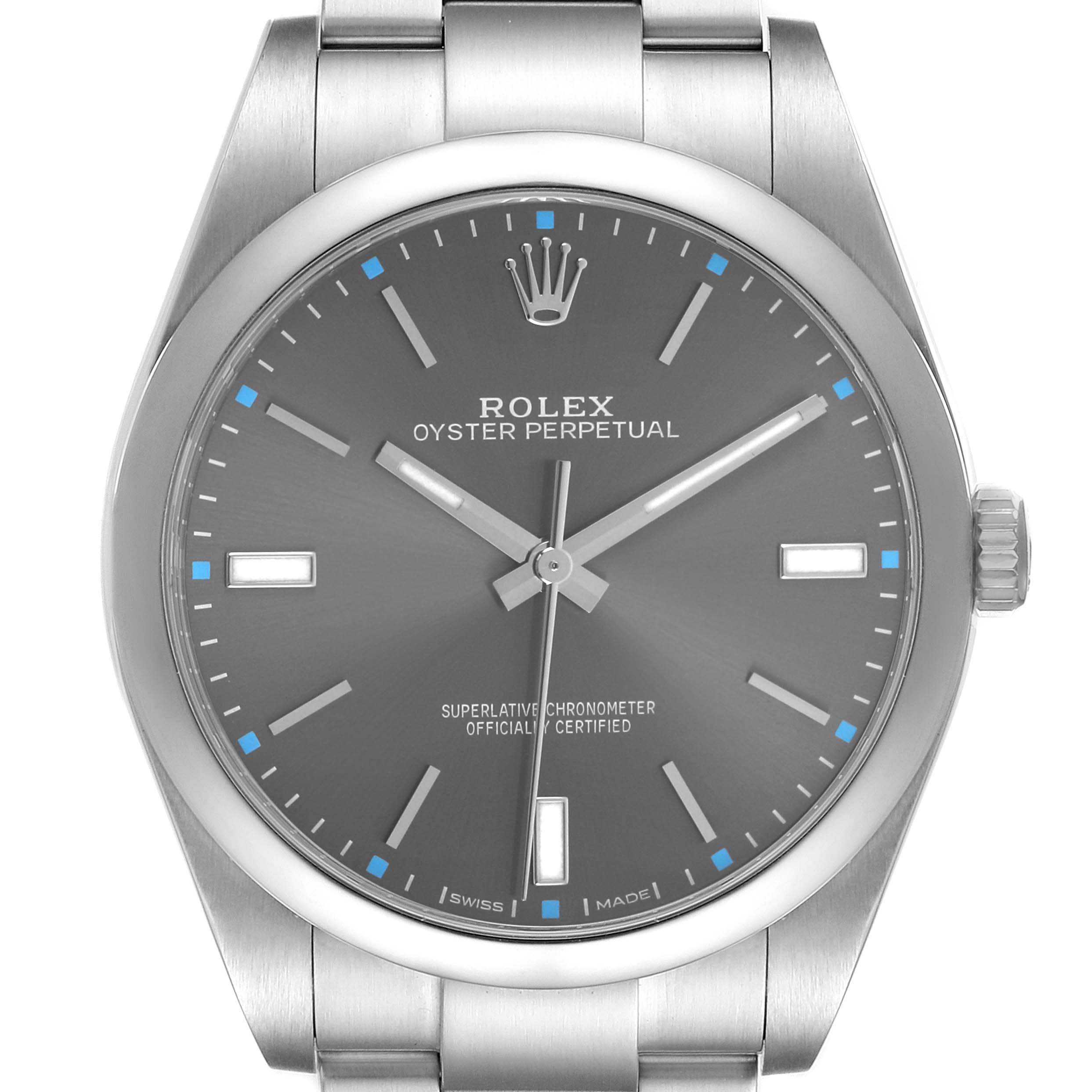 The Rolex Oyster Perpetual 114300 Men's Stainless Steel Grey Dial watch is shown from a front angle, displaying the dial, hands, crown, and part of the bracelet.