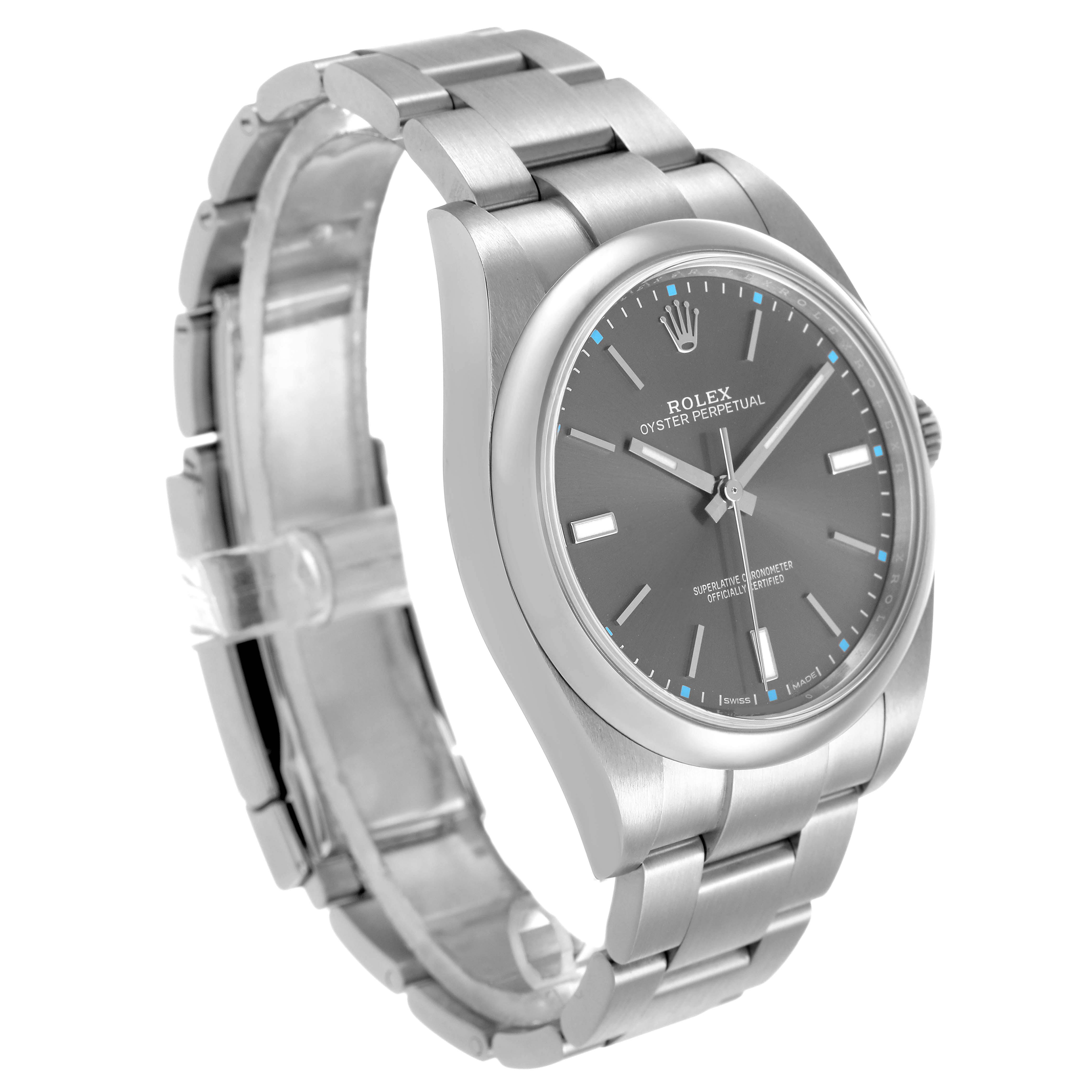 The Rolex Oyster Perpetual 114300 Men's Stainless Steel Grey Dial watch is shown at a three-quarter angle, highlighting the dial, bezel, and bracelet.