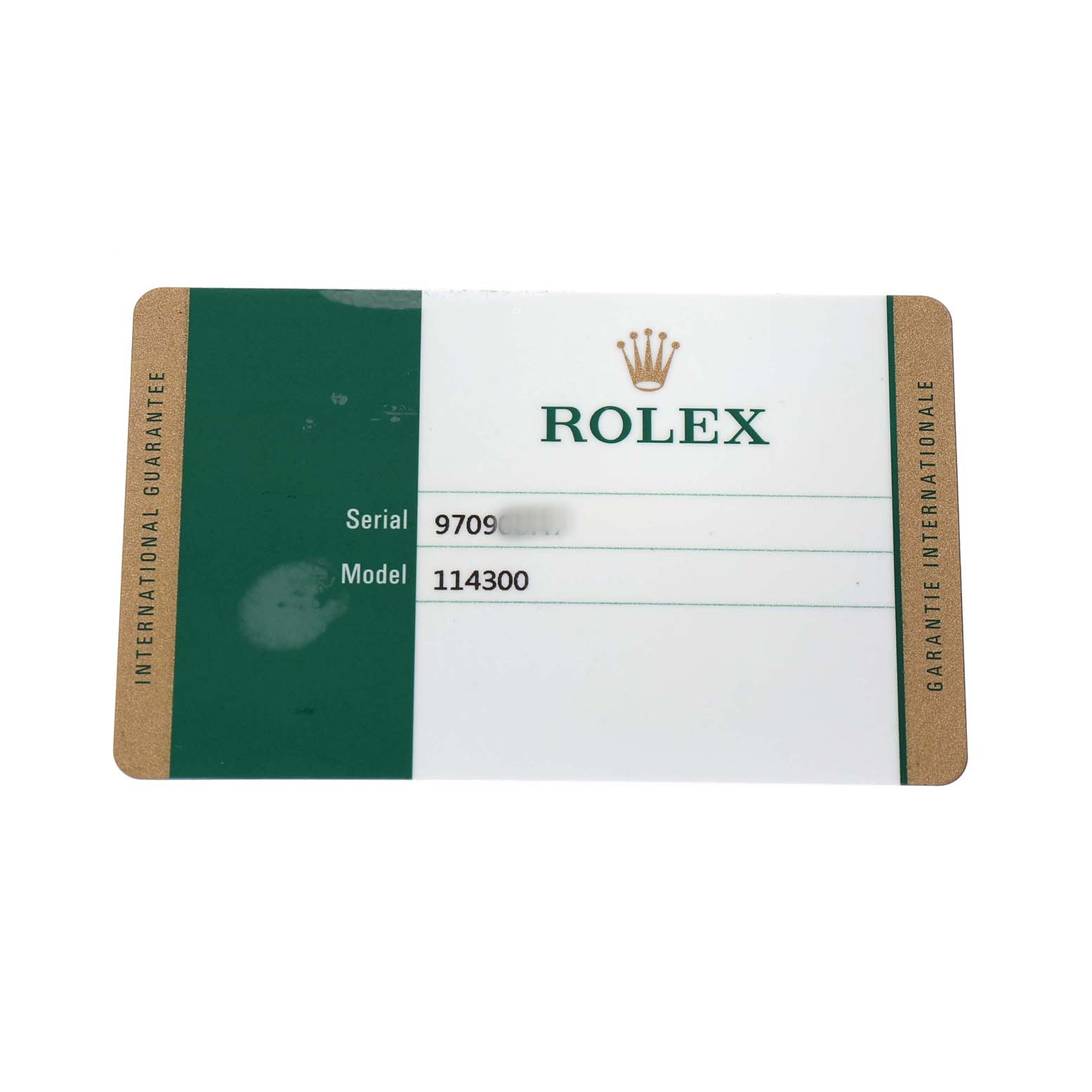 The image shows a Rolex Oyster Perpetual 114300 Men's Stainless Steel Grey Dial model 114300 warranty card, featuring serial and model numbers.