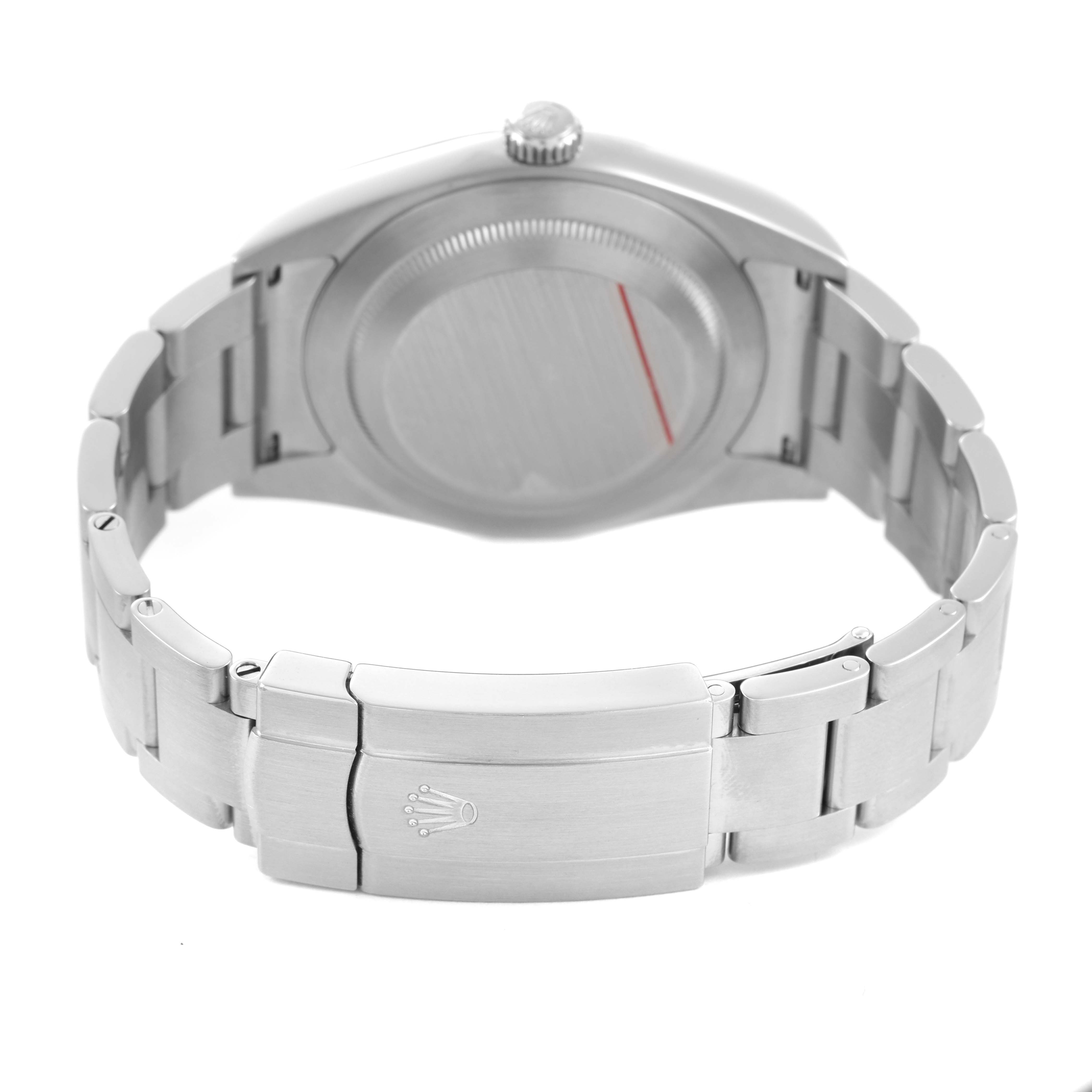 The image shows the back view of a Rolex Oyster Perpetual 114300 Men's Stainless Steel Grey Dial watch, focusing on the case back and bracelet clasp.