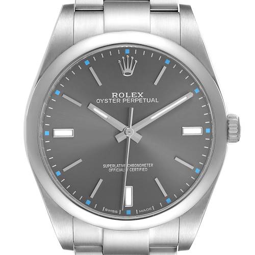 The Rolex Oyster Perpetual 114300 Men's Stainless Steel Grey Dial watch is shown from a front angle, highlighting the dial, hands, and case.