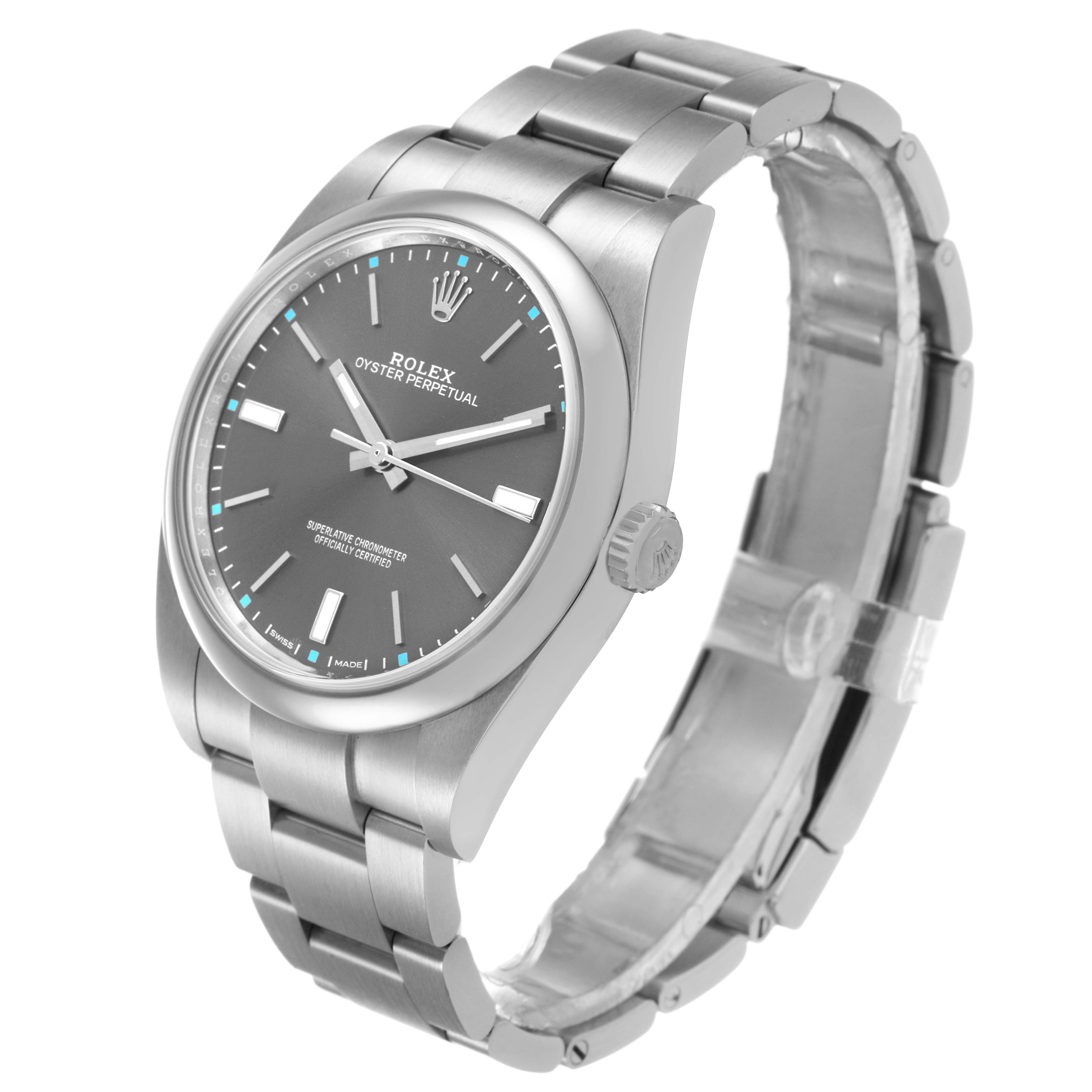 The Rolex Oyster Perpetual 114300 Men's Stainless Steel Grey Dial watch is shown at a three-quarter angle, highlighting the gray dial, crown, and stainless steel bracelet.