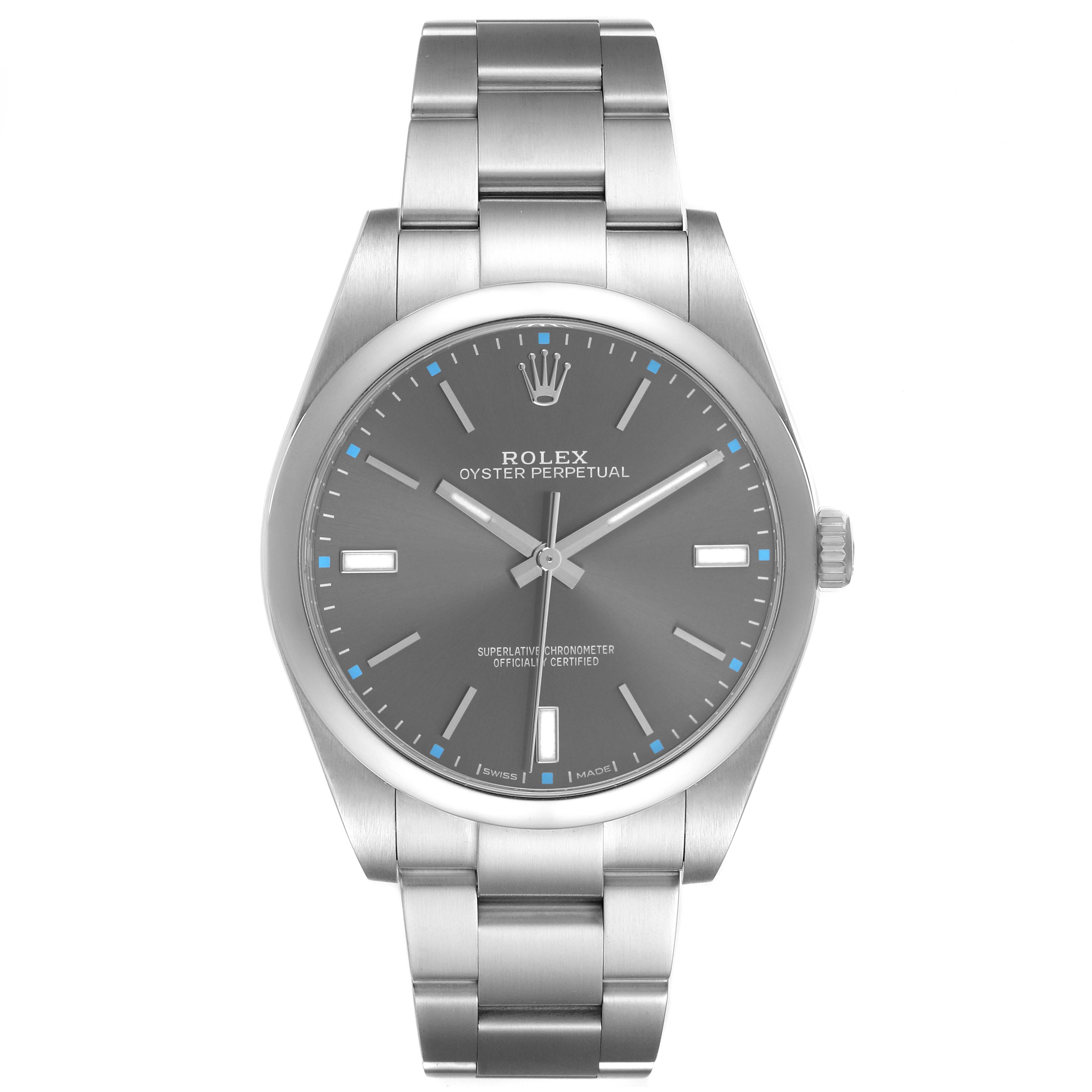 The Rolex Oyster Perpetual 114300 Men's Stainless Steel Grey Dial watch is shown from a front angle, displaying the dial, case, and bracelet clearly.