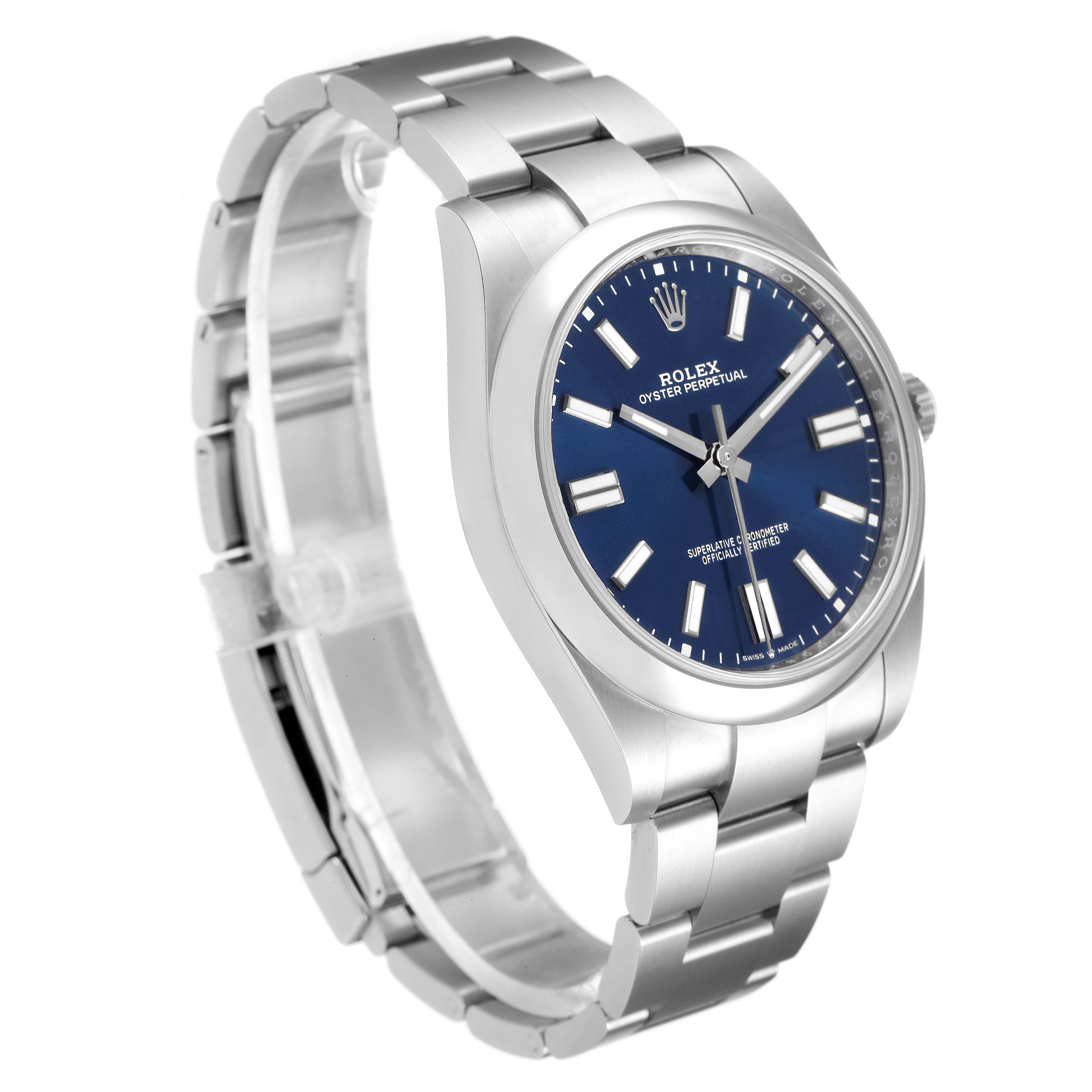 The image shows a side view of a Rolex Oyster Perpetual 124300 Men
s Stainless Steel Blue Dial 124300 Men
s Stainless Steel Blue Dial watch featuring a blue dial and a stainless steel bracelet.