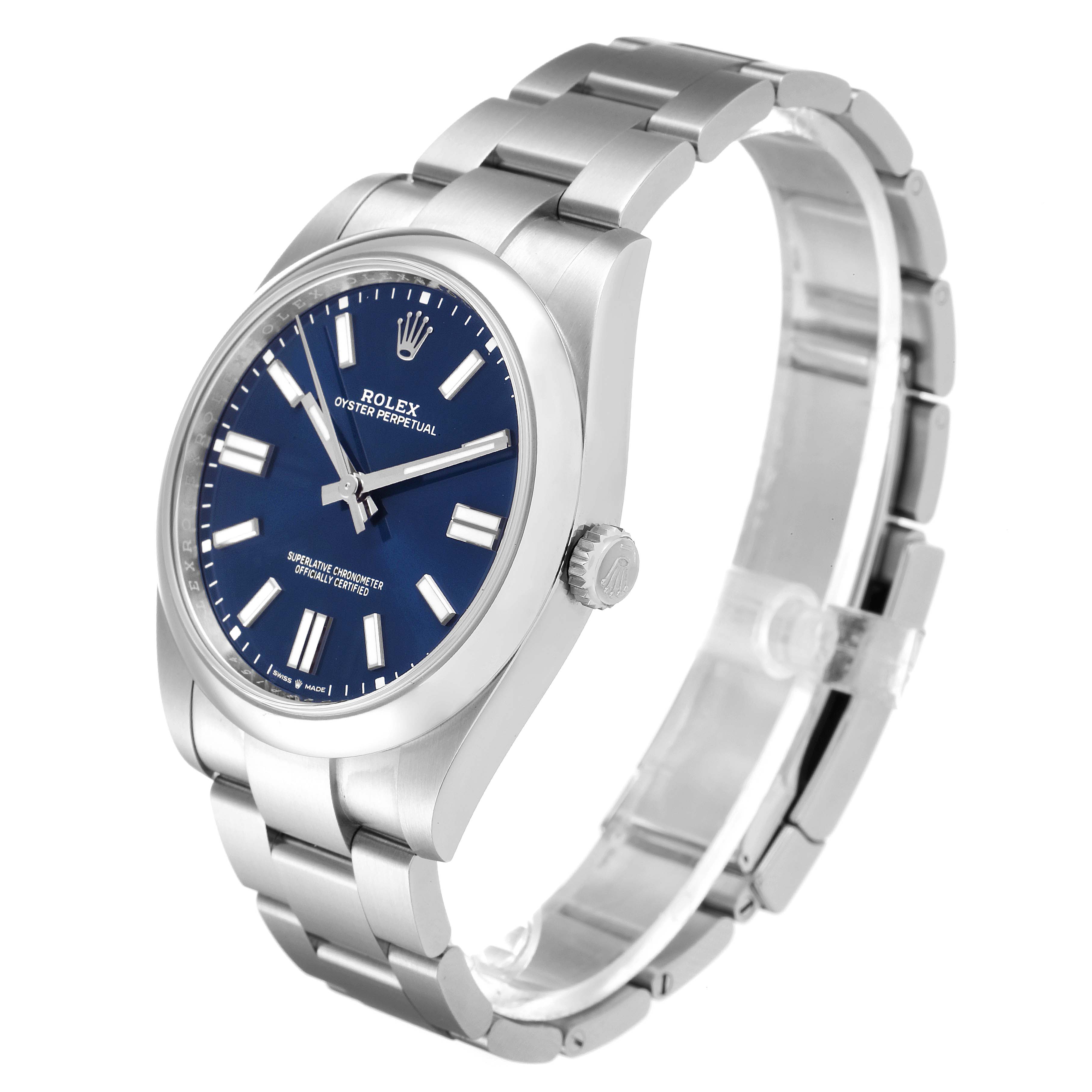 This image shows a side and front angle of the Rolex Oyster Perpetual 124300 Men
s Stainless Steel Blue Dial 124300 Men
s Stainless Steel Blue Dial watch, displaying the case, bezel, dial, and bracelet.