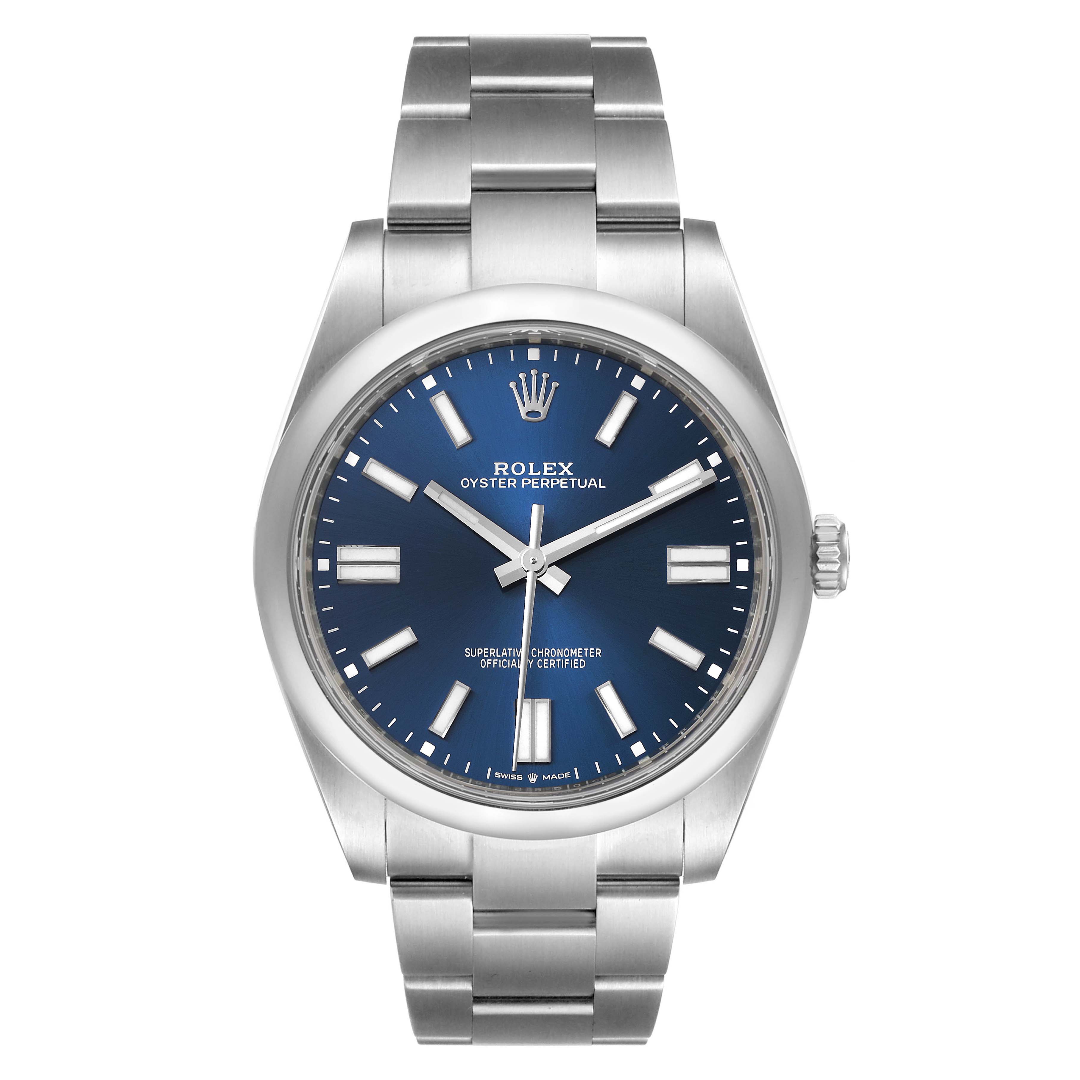 This image shows a front view of a Rolex Oyster Perpetual 124300 Men
s Stainless Steel Blue Dial 124300 Men
s Stainless Steel Blue Dial watch with a blue dial and stainless steel bracelet.