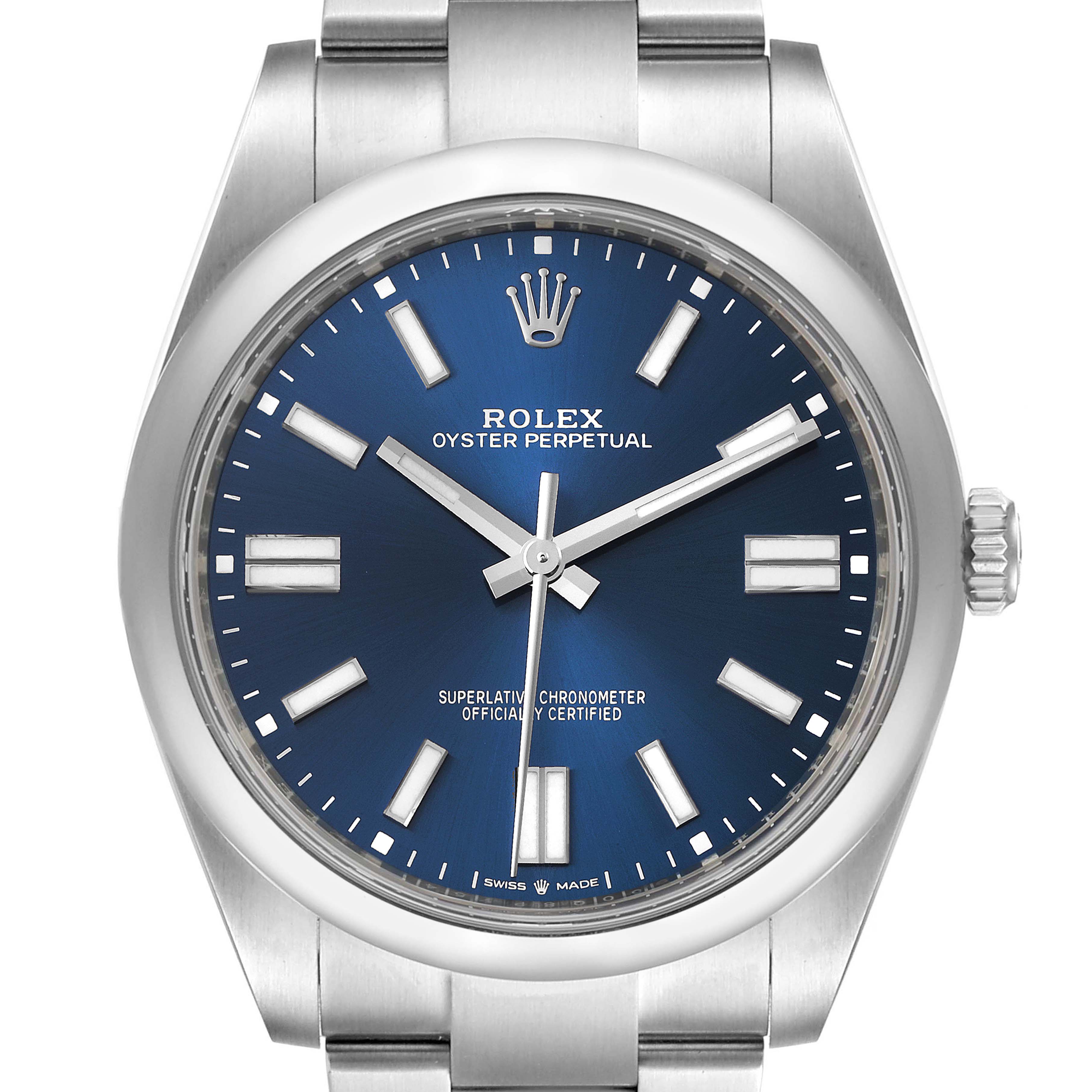 The image shows a front view of a Rolex Oyster Perpetual 124300 Men
s Stainless Steel Blue Dial 124300 Men
s Stainless Steel Blue Dial watch with a blue dial and stainless steel bracelet.