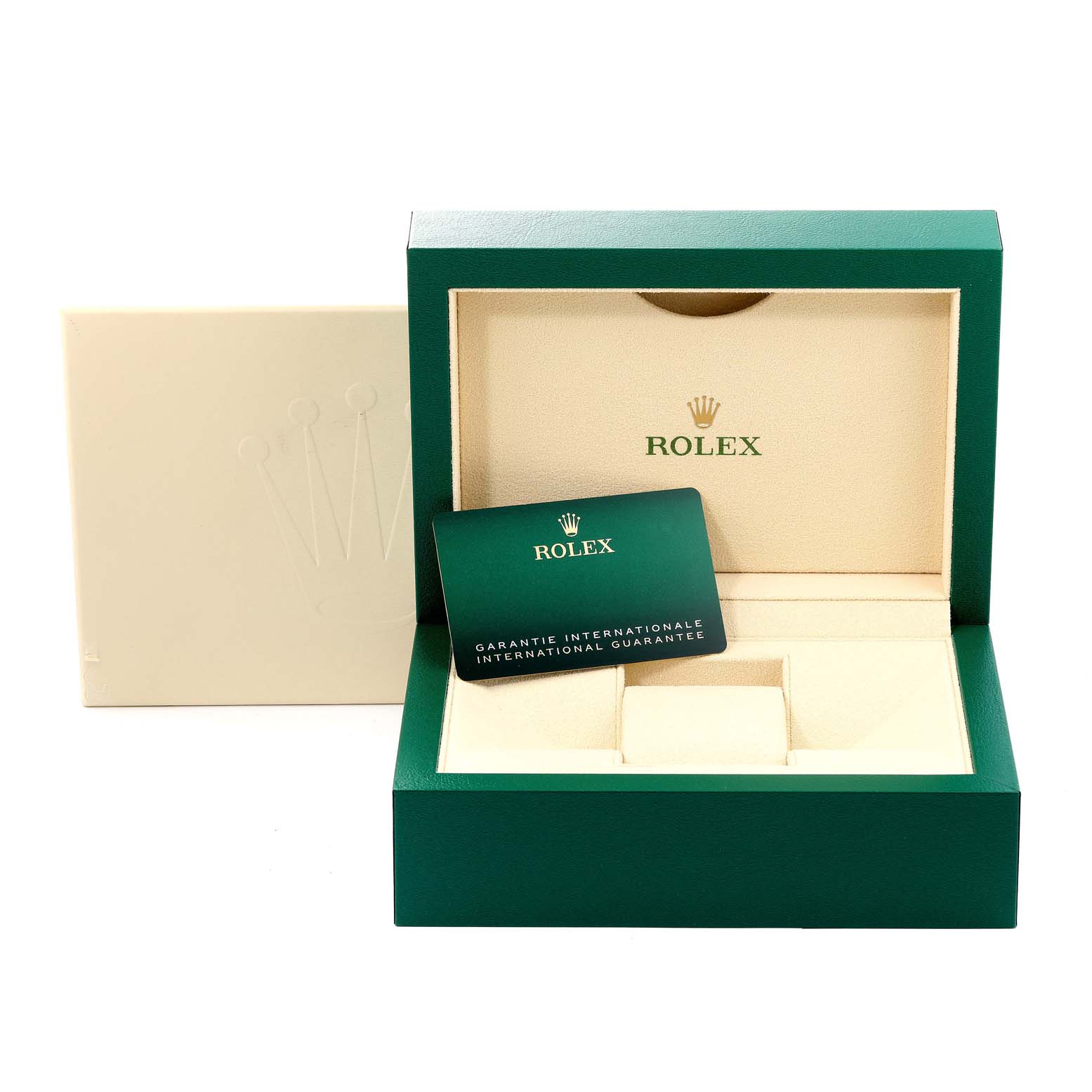 The image shows the opened green box, beige interior, and guarantee card for a Rolex Oyster Perpetual 124300 Men's Stainless Steel Silver Dial 124300 Men's Stainless Steel Silver Dial watch.
