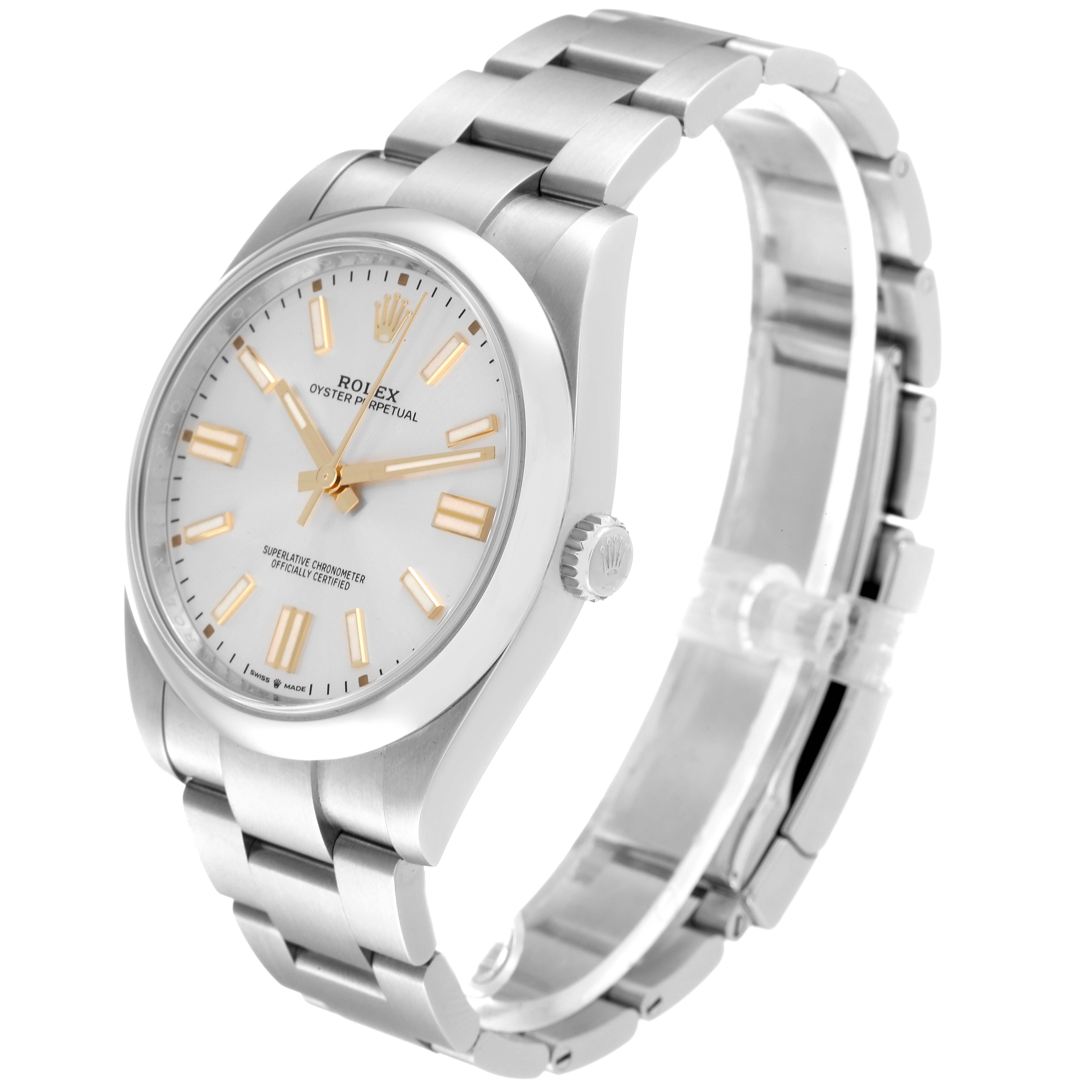This image shows a Rolex Oyster Perpetual 124300 Men's Stainless Steel Silver Dial 124300 Men's Stainless Steel Silver Dial watch from an angled side view, highlighting its case, dial, and bracelet.