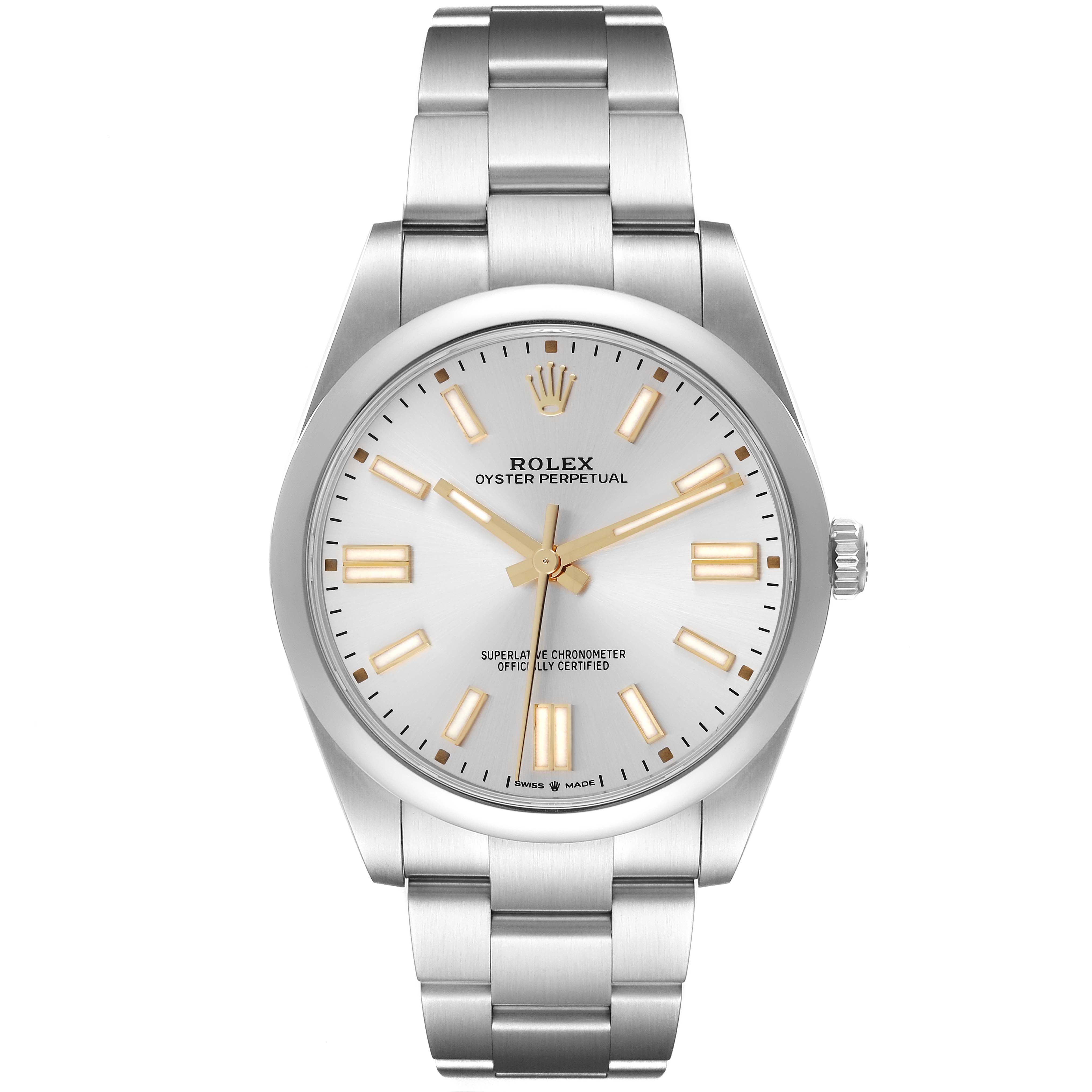 The image shows a Rolex Oyster Perpetual 124300 Men's Stainless Steel Silver Dial 124300 Men's Stainless Steel Silver Dial watch from a front angle, highlighting the dial, bezel, bracelet, and crown.