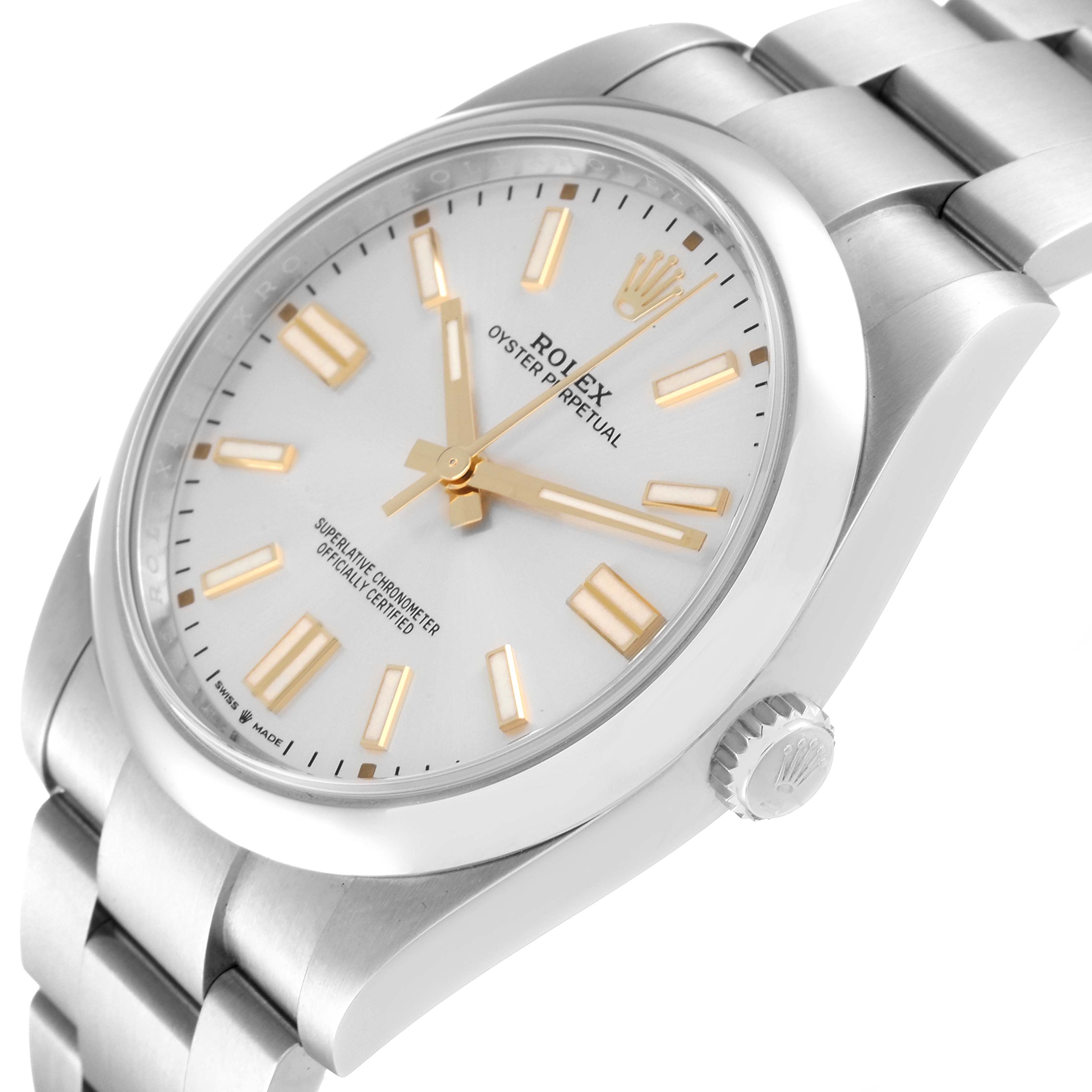 This image shows a close-up angle of the face, crown, and part of the band of a Rolex Oyster Perpetual 124300 Men's Stainless Steel Silver Dial 124300 Men's Stainless Steel Silver Dial watch.