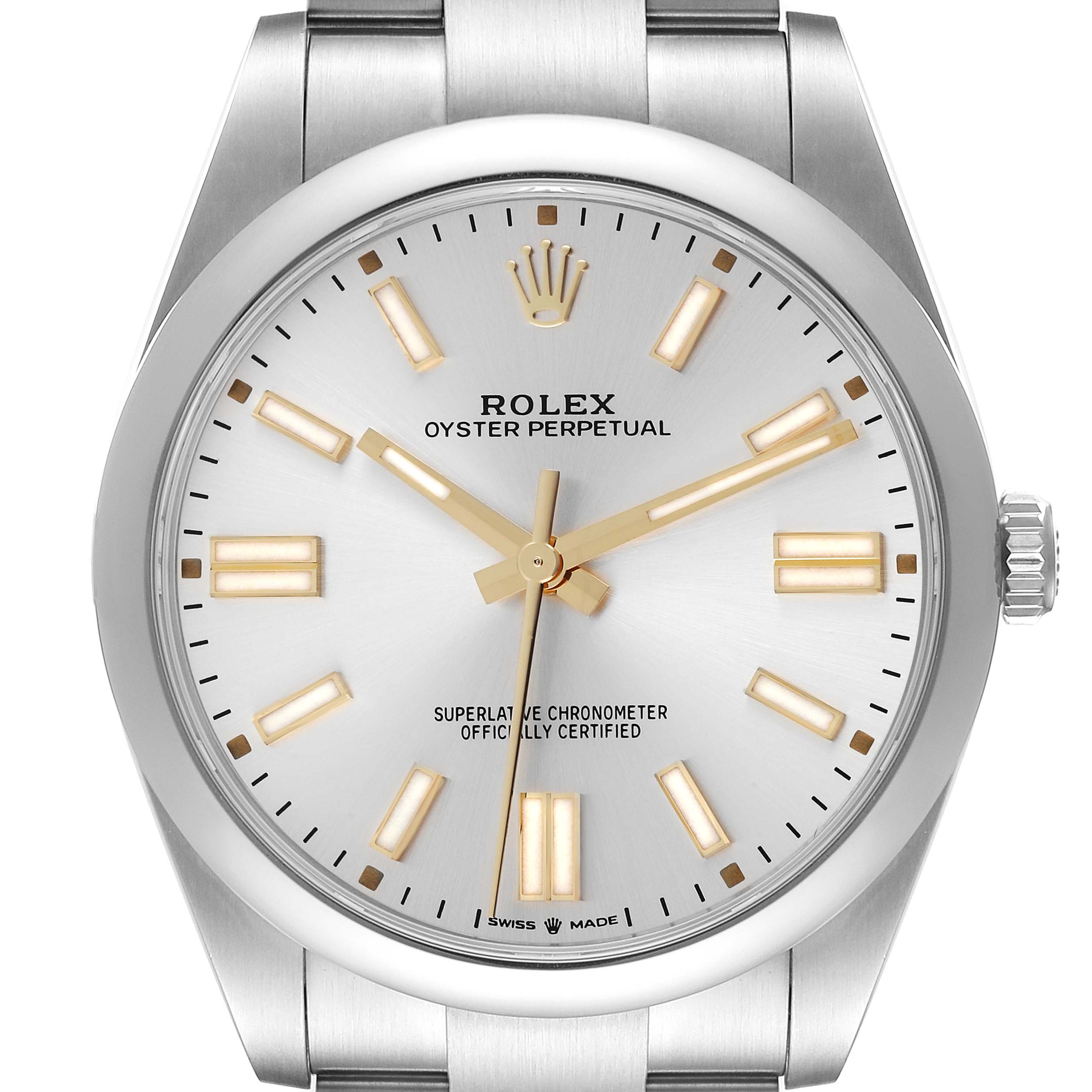The image shows a close-up frontal view of the Rolex Oyster Perpetual 124300 Men's Stainless Steel Silver Dial 124300 Men's Stainless Steel Silver Dial watch, highlighting its dial, hands, and crown.