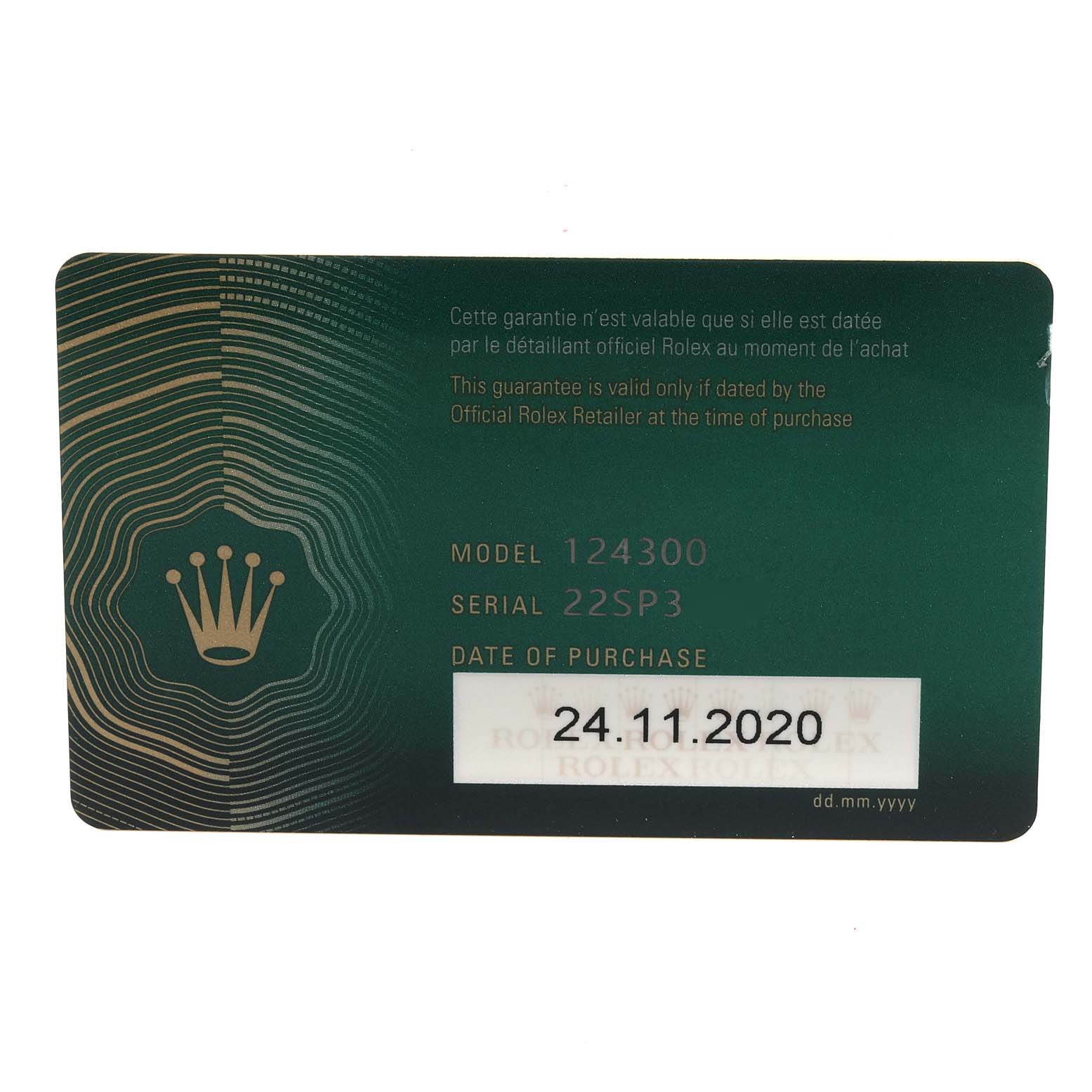 This image shows the warranty card for the Rolex Oyster Perpetual 124300 Men's Stainless Steel Silver Dial 124300 Men's Stainless Steel Silver Dial model 124300, detailing serial number and date of purchase.