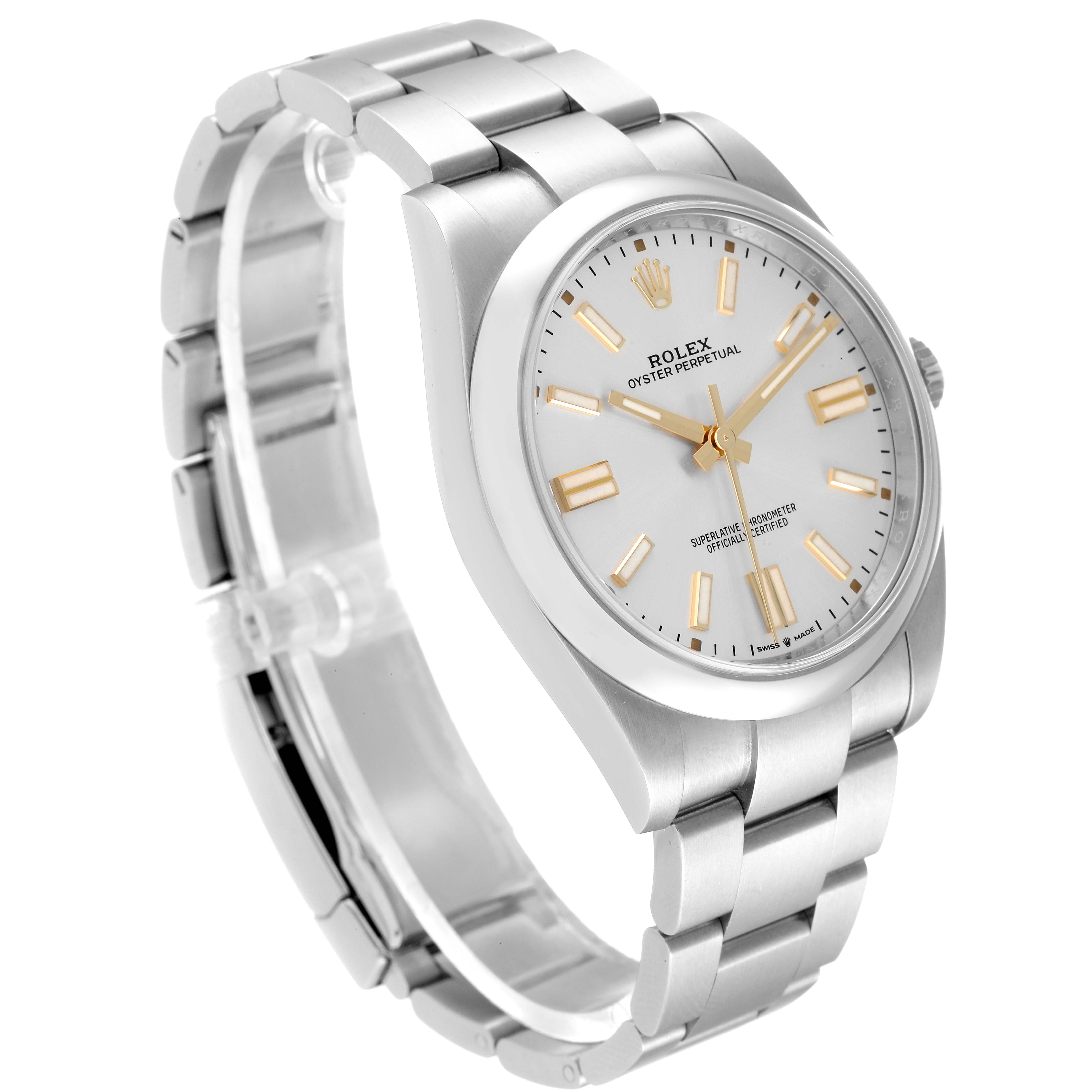 This image shows a side angle of a Rolex Oyster Perpetual 124300 Men's Stainless Steel Silver Dial 124300 Men's Stainless Steel Silver Dial watch, highlighting the bracelet, case, and dial.