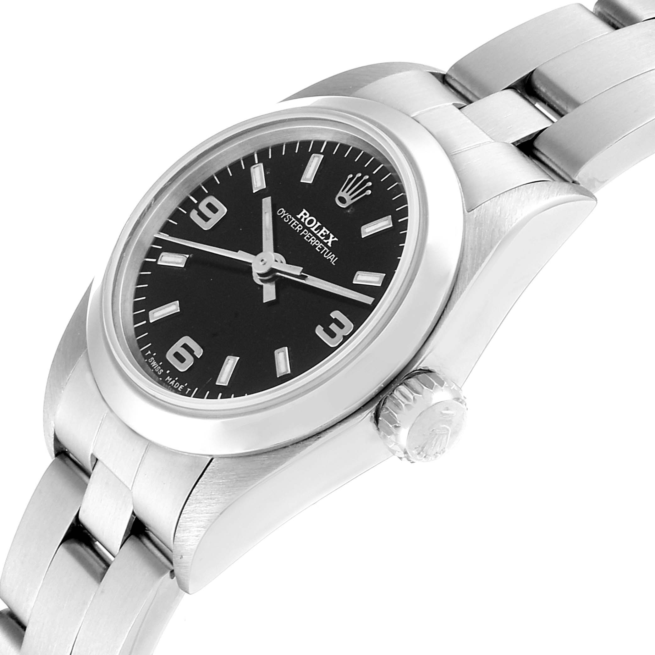 This image shows a close-up side angle of the Rolex Oyster Perpetual 67180 Women
s Stainless Steel Black Dial 67180 Women
s Stainless Steel Black Dial watch, highlighting its dial, crown, and part of the bracelet.