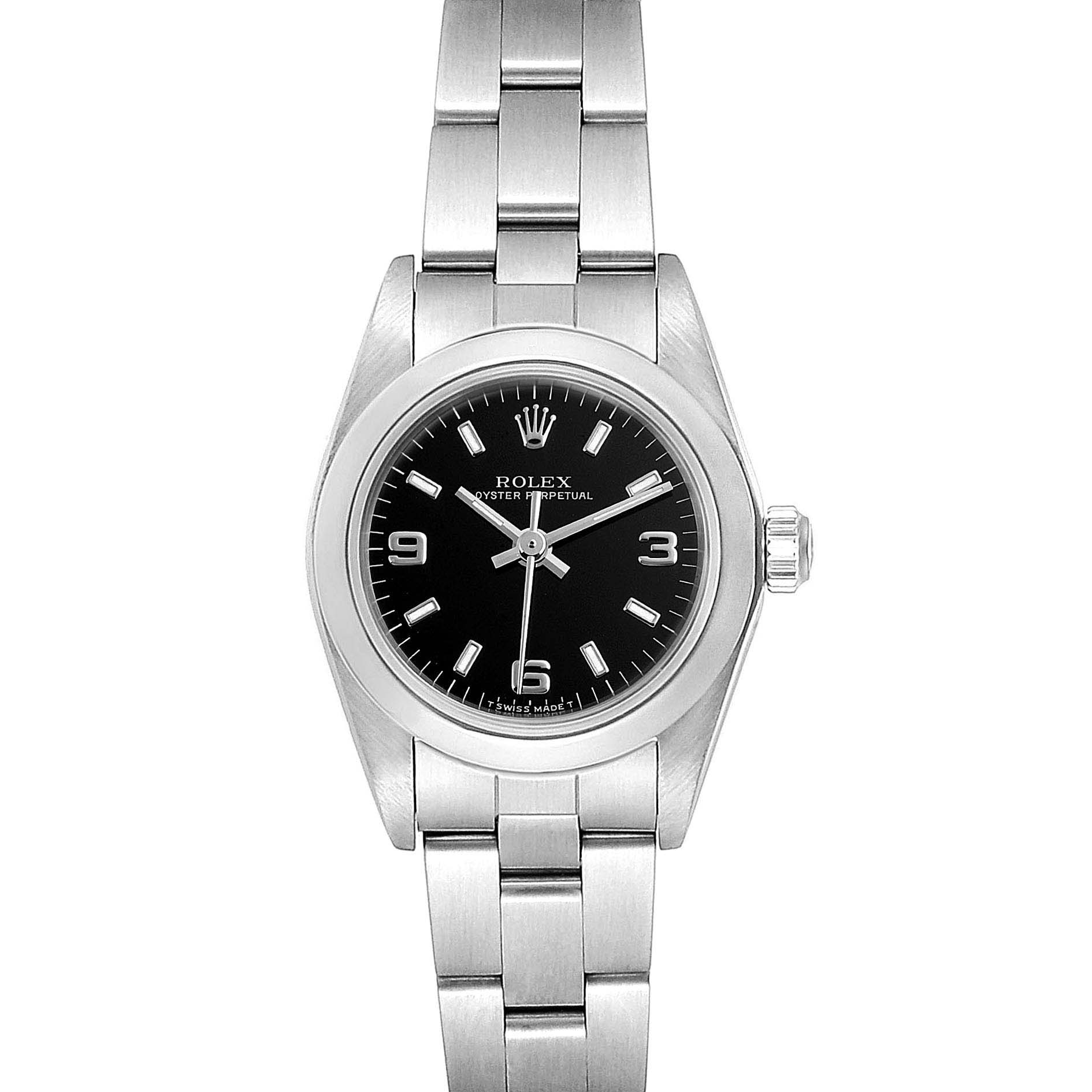 The image shows a front view of the Rolex Oyster Perpetual 67180 Women
s Stainless Steel Black Dial 67180 Women
s Stainless Steel Black Dial watch, displaying its face, bezel, and metal bracelet.