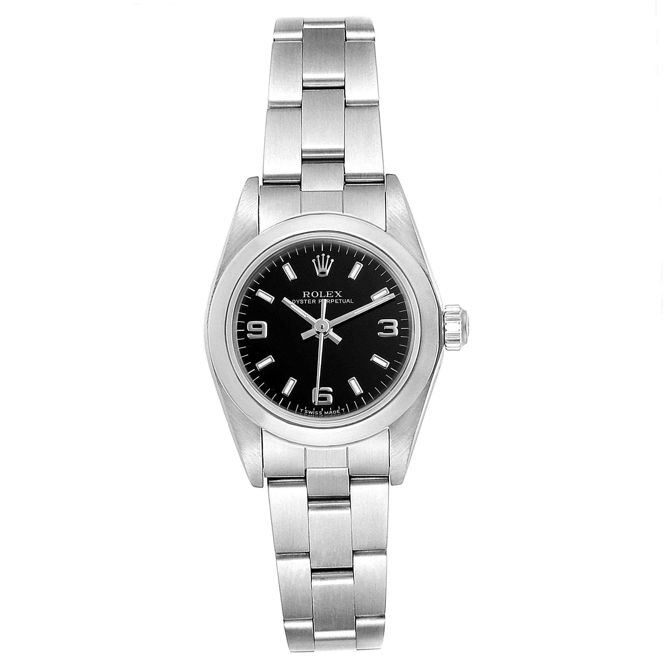 This image displays the Rolex Oyster Perpetual 67180 Women
s Stainless Steel Black Dial 67180 Women
s Stainless Steel Black Dial watch from a front angle, showing the bezel, dial, hands, and bracelet.