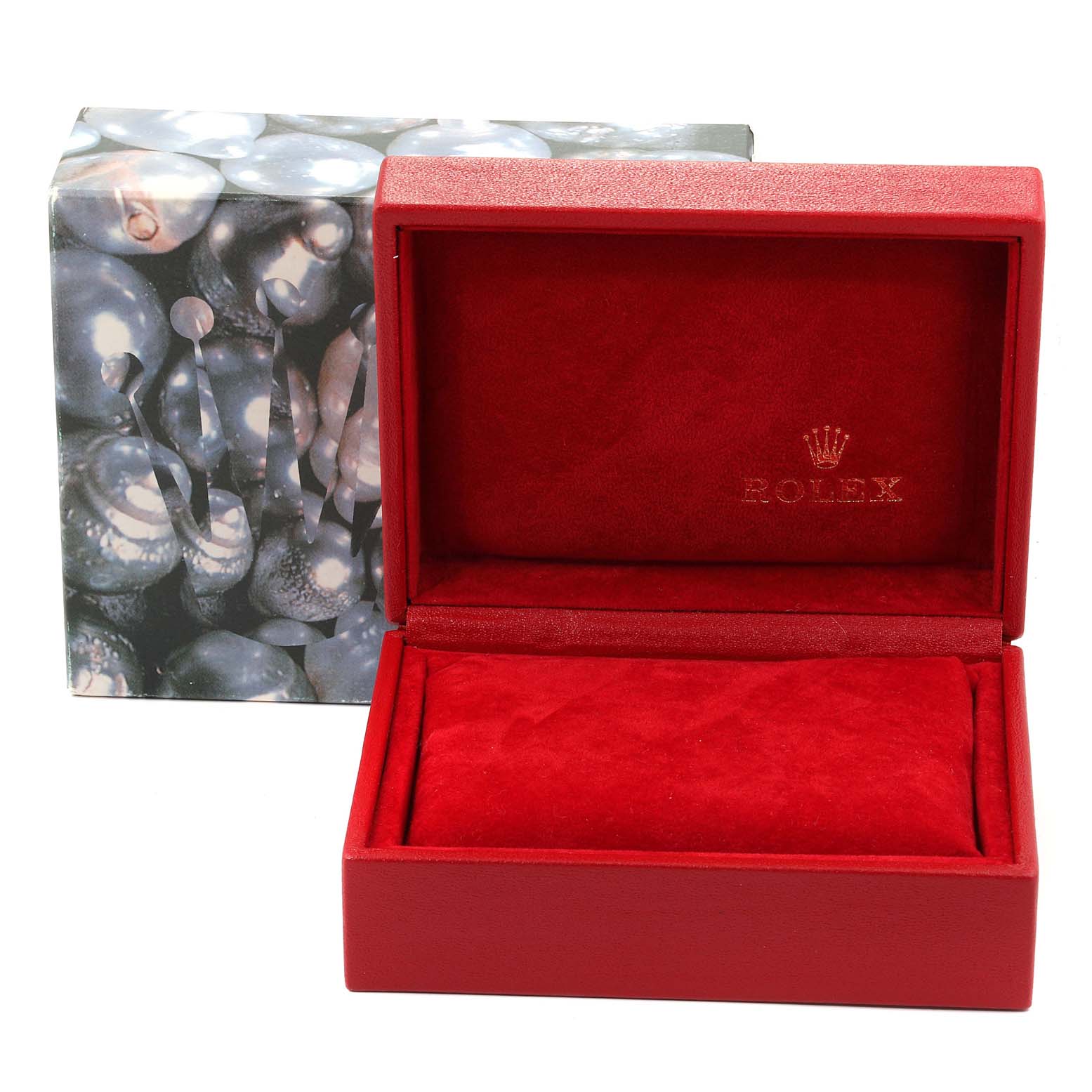The image shows a red Rolex watch box interior designed for the Oyster Perpetual model, with a matching protective outer box.