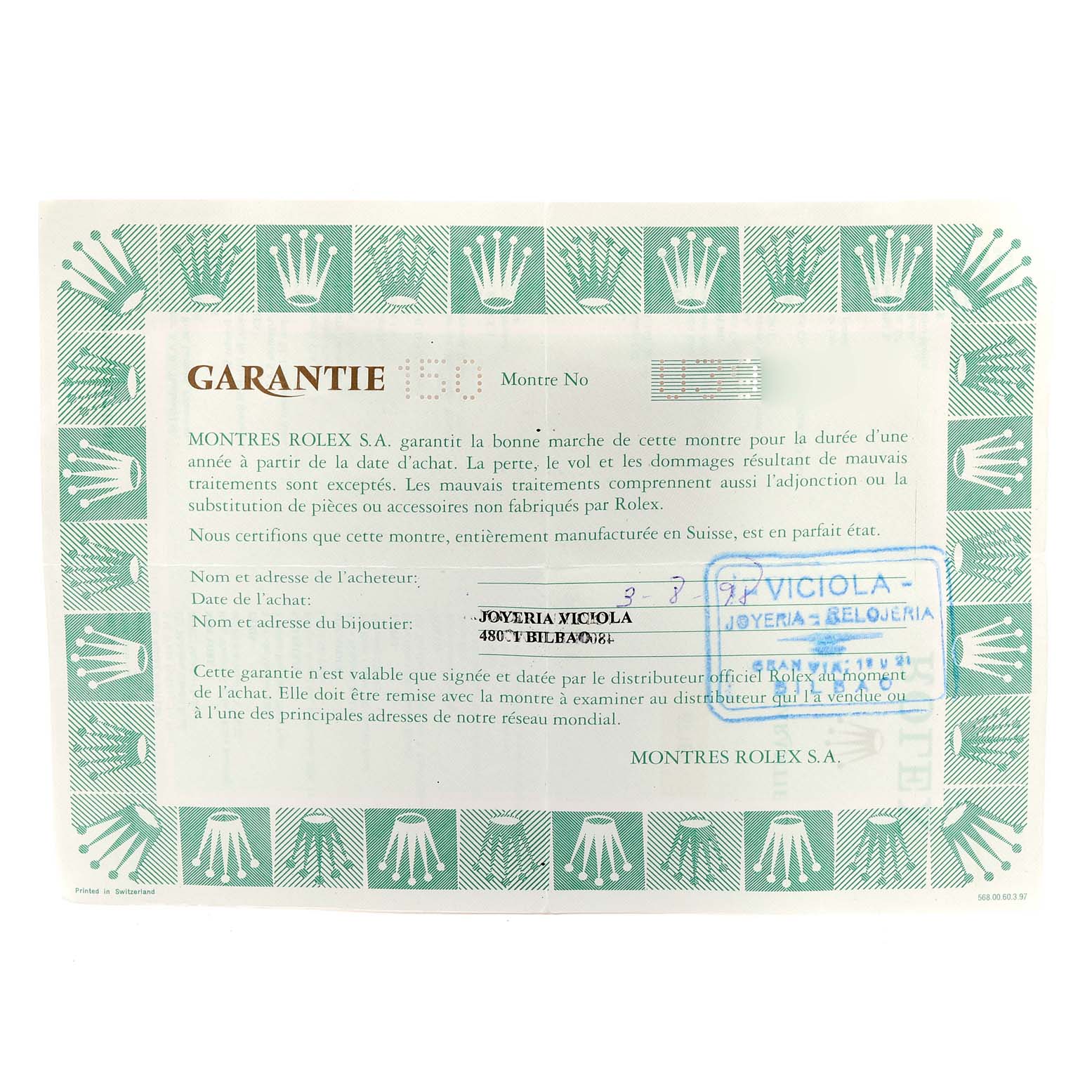 This is a guarantee card for a Rolex Oyster Perpetual 67180 Women
s Stainless Steel Black Dial 67180 Women
s Stainless Steel Black Dial watch, showing the warranty details.