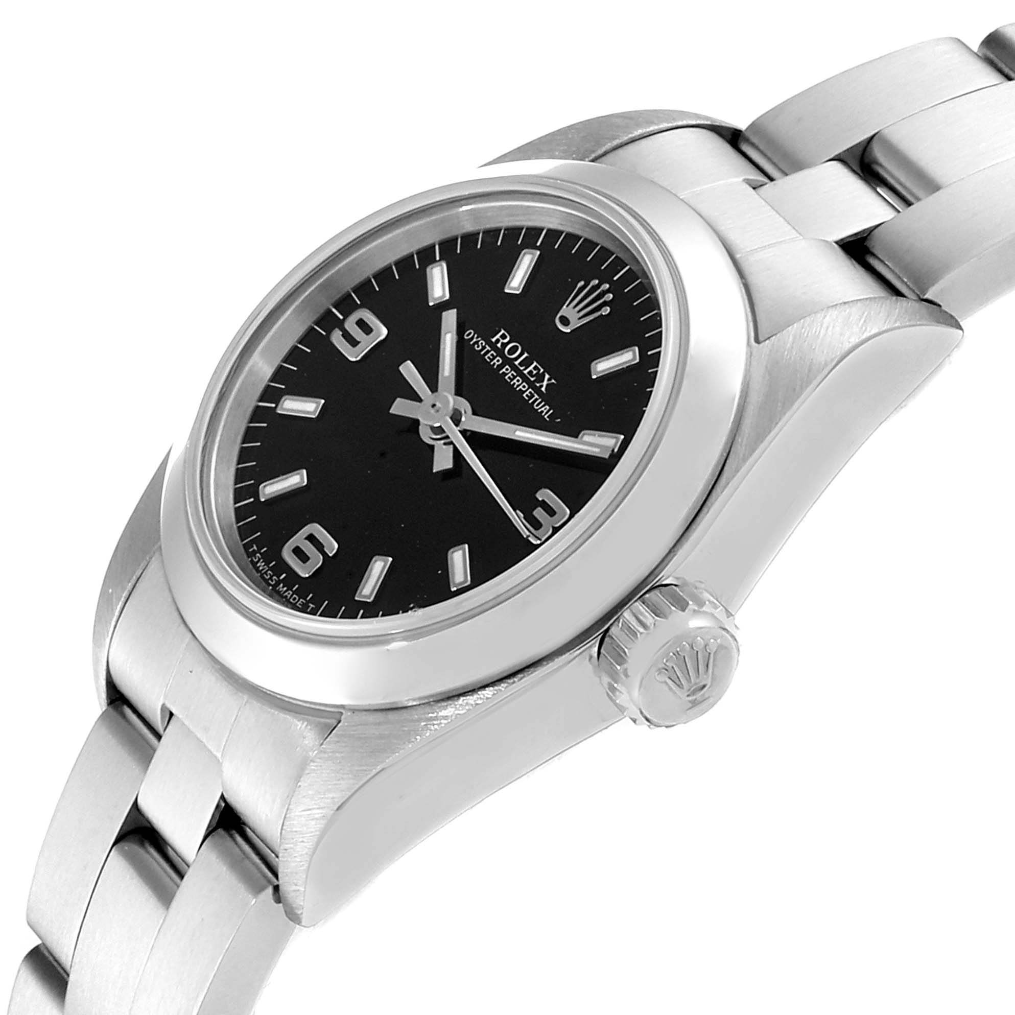 This image shows a close-up, side angle of a Rolex Oyster Perpetual 67180 Women
s Stainless Steel Black Dial 67180 Women
s Stainless Steel Black Dial watch, highlighting the crown, case, and part of the bracelet.