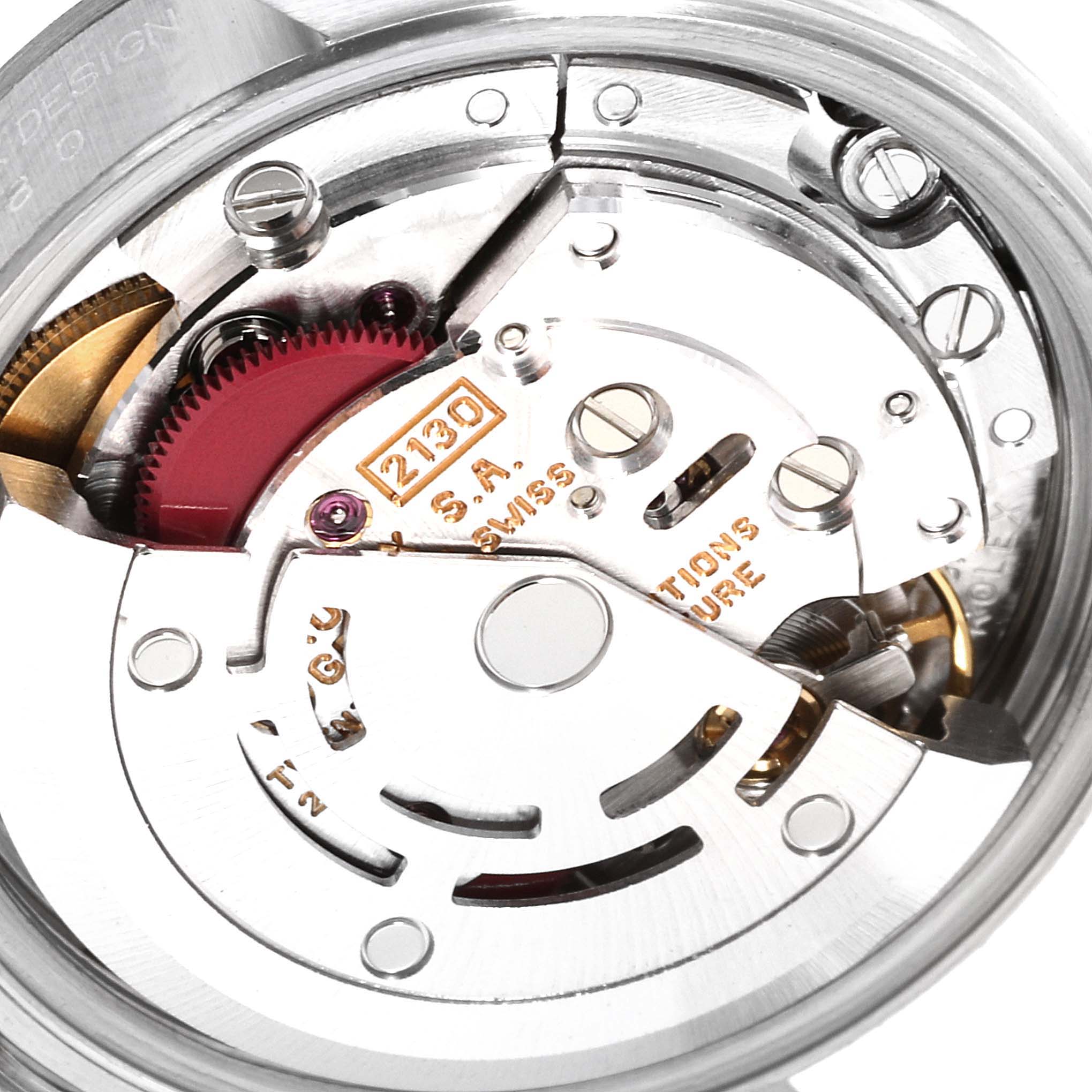 This image shows a close-up view of the inner movement mechanism of a Rolex Oyster Perpetual 67180 Women
s Stainless Steel Black Dial 67180 Women
s Stainless Steel Black Dial watch.