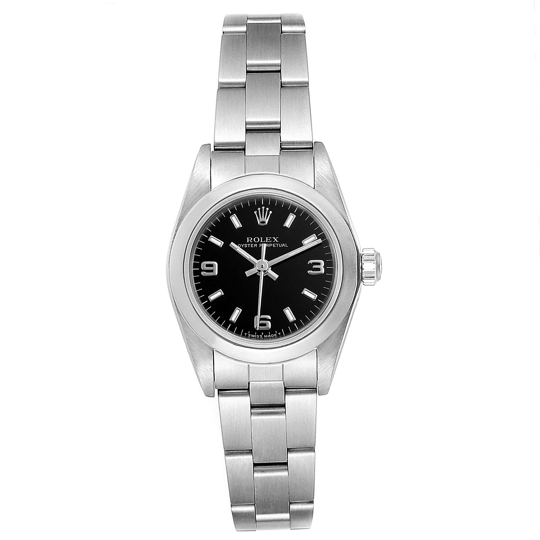 The image shows a front view of a Rolex Oyster Perpetual 67180 Women
s Stainless Steel Black Dial 67180 Women
s Stainless Steel Black Dial watch, highlighting the dial, bracelet, and crown.