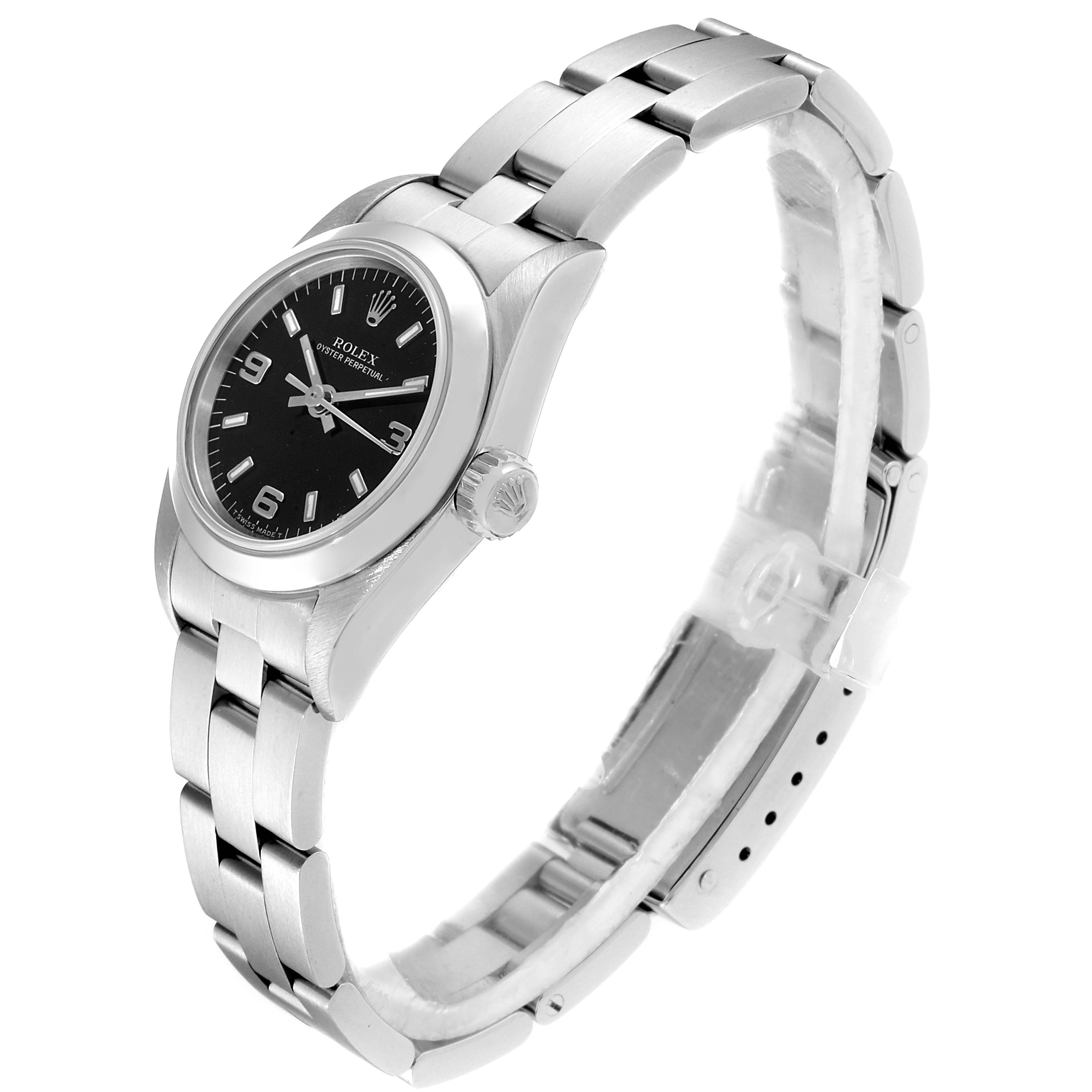 This image shows a side angle view of the Rolex Oyster Perpetual 67180 Women
s Stainless Steel Black Dial 67180 Women
s Stainless Steel Black Dial, highlighting the watch face, case, crown, and band.