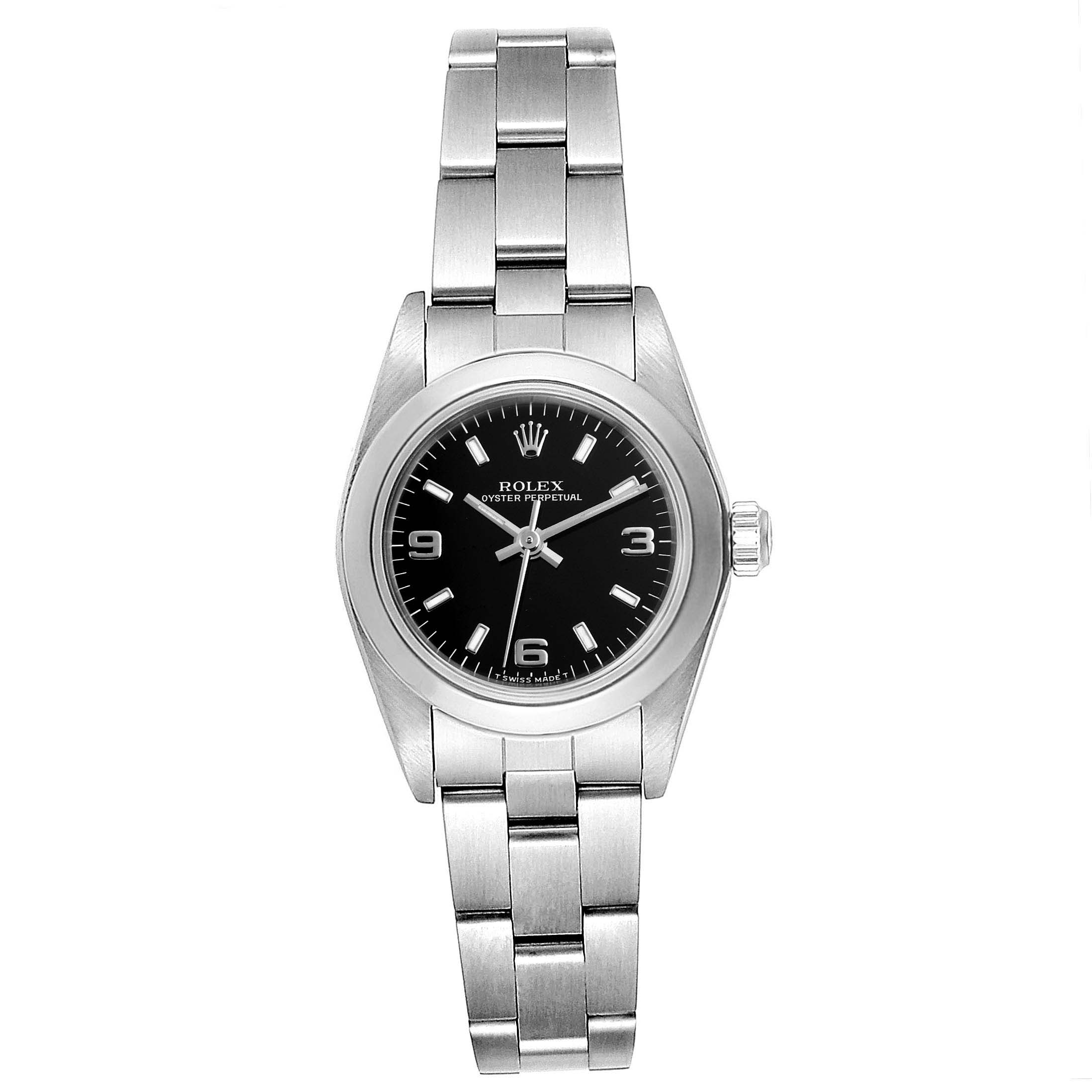 The image shows a Rolex Oyster Perpetual 67180 Women
s Stainless Steel Black Dial 67180 Women
s Stainless Steel Black Dial watch, viewed from the front, displaying the face, dial, bezel, and bracelet.