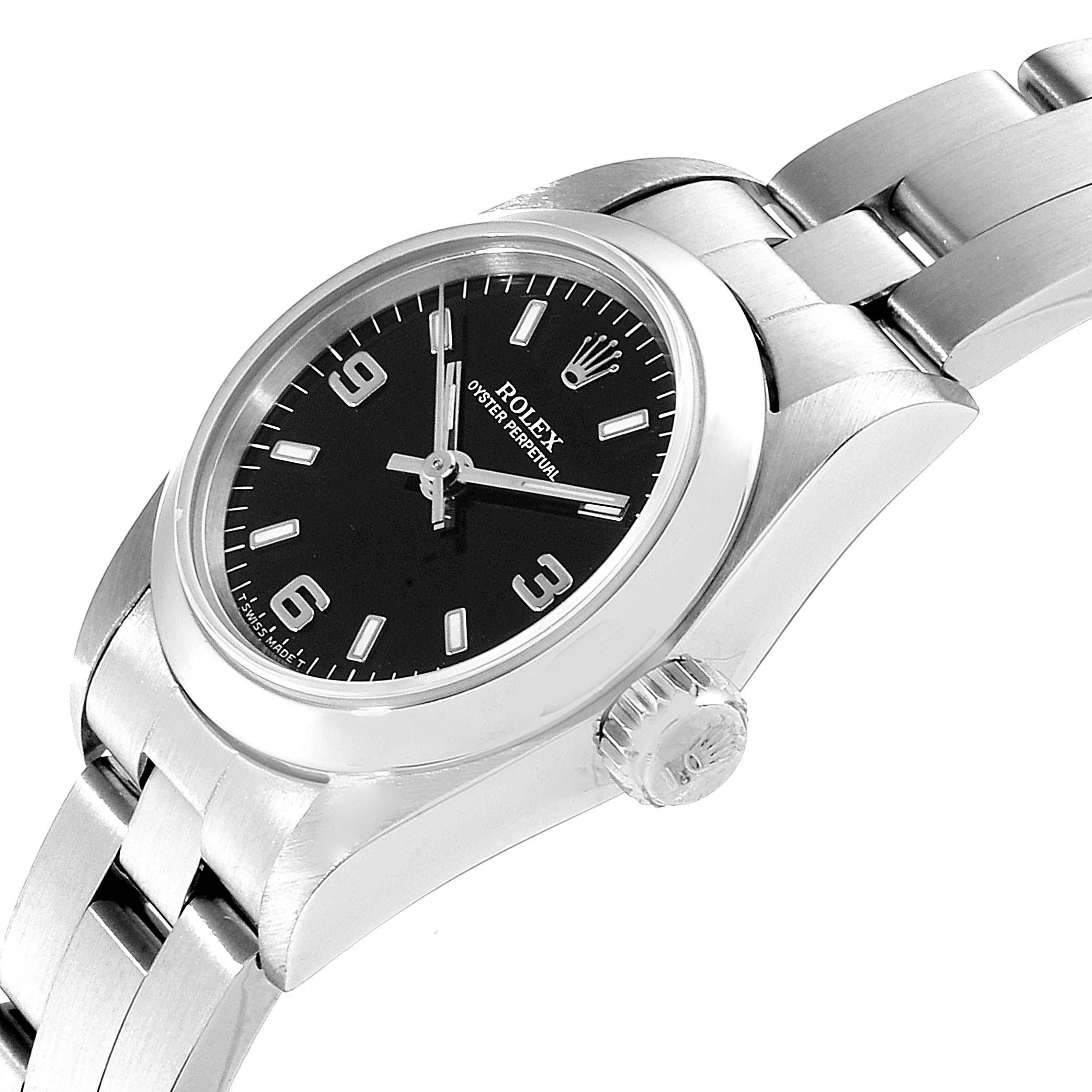 This image shows a close-up, angled view of the Rolex Oyster Perpetual 67180 Women
s Stainless Steel Black Dial 67180 Women
s Stainless Steel Black Dial watch, highlighting its black dial, link bracelet, and crown.