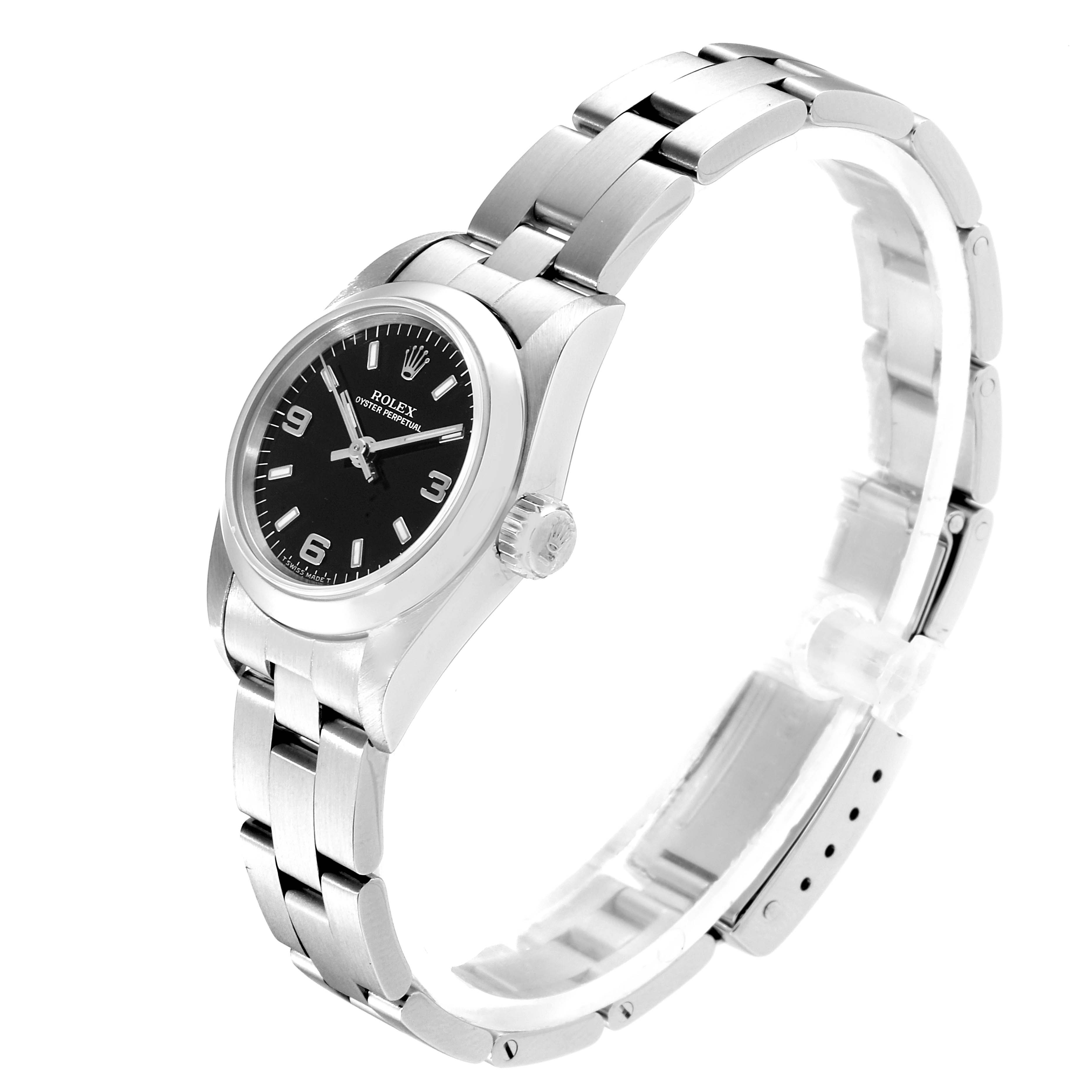 The Rolex Oyster Perpetual 67180 Women
s Stainless Steel Black Dial 67180 Women
s Stainless Steel Black Dial watch is shown at a slight angle, displaying the face, bezel, crown, and bracelet.