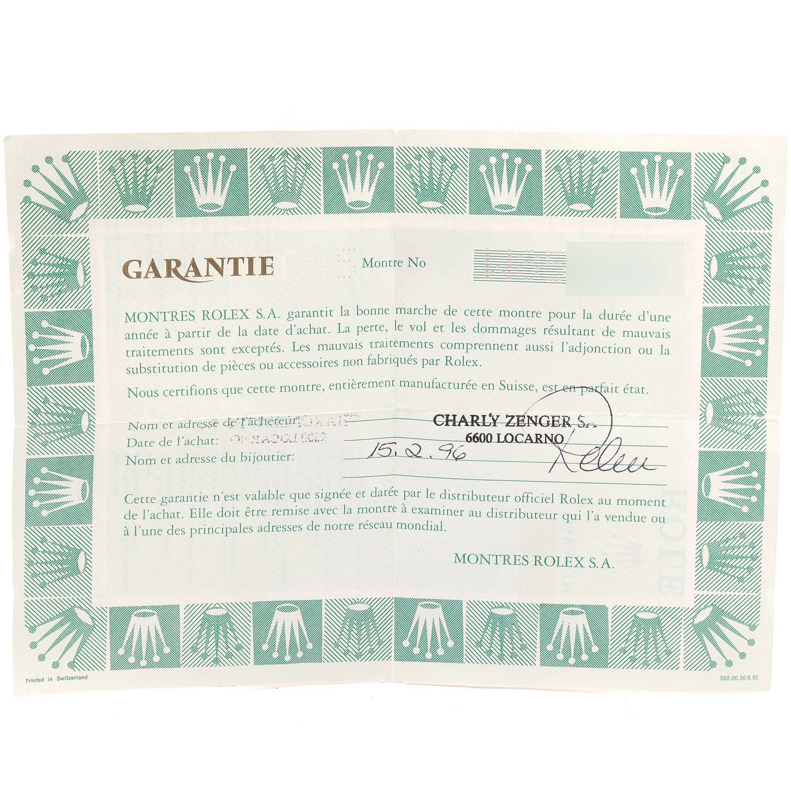 The image shows a warranty certificate for a Rolex Oyster Perpetual 67180 Women
s Stainless Steel Black Dial 67180 Women
s Stainless Steel Black Dial watch, featuring text and the Rolex logo border.