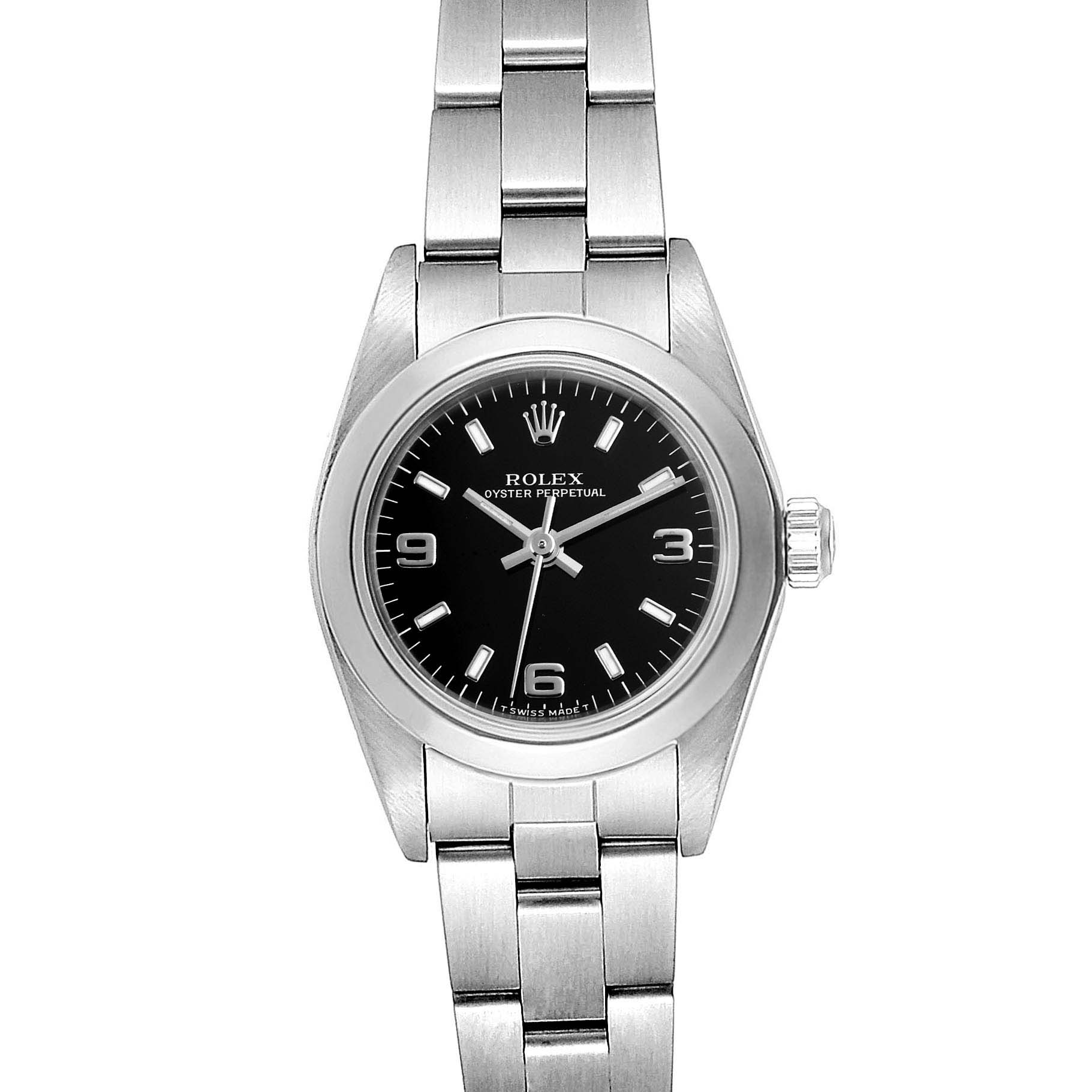 This image shows a front view of the Rolex Oyster Perpetual 67180 Women
s Stainless Steel Black Dial 67180 Women
s Stainless Steel Black Dial watch with a stainless steel bracelet and black dial.