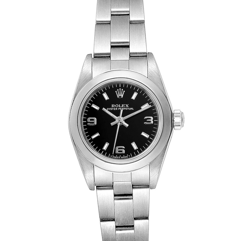 Rolex Oyster Perpetual Steel Black Dial Ladies Watch 67180 Box Papers SwissWatchExpo