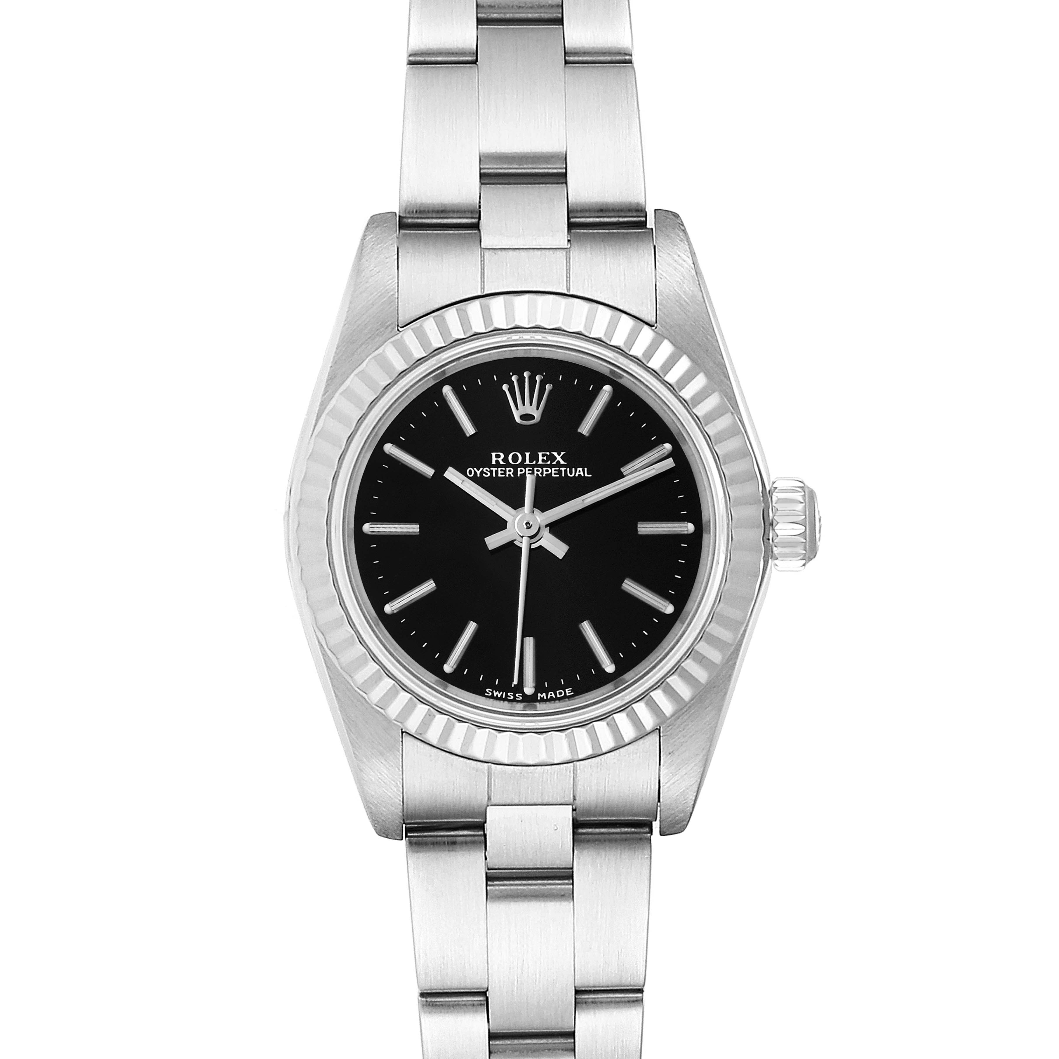 This image shows a front view of the Rolex Oyster Perpetual 76094 Women's Stainless Steel Black Dial 76094 Women's Stainless Steel Black Dial watch, featuring its black dial, crown, and stainless steel bracelet.