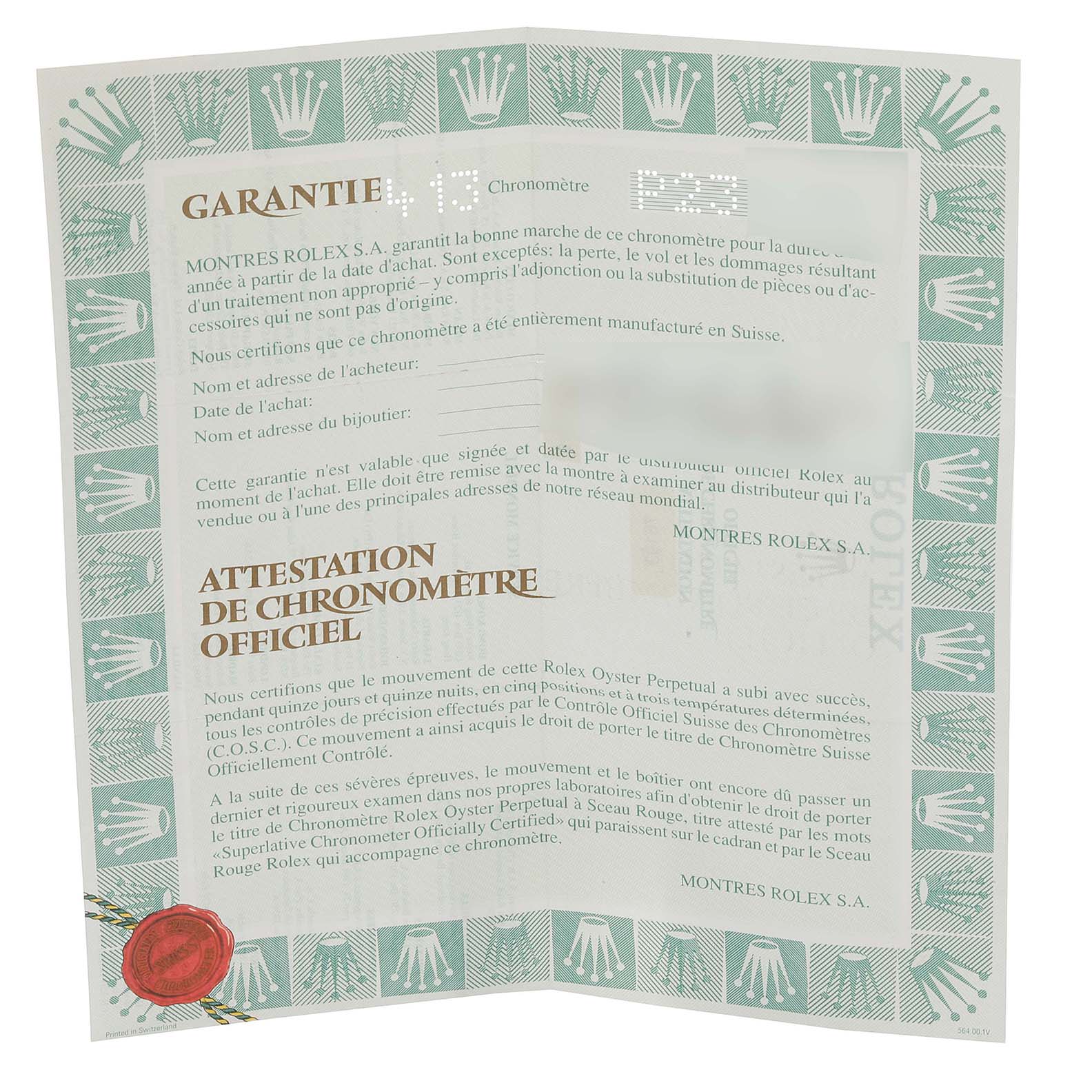 The image shows a guarantee and chronometer certification paper for a Rolex Oyster Perpetual 76193 Women's Steel and Gold (two tone) White Dial 76193 Women's Steel and Gold (two tone) White Dial, viewed from the front.