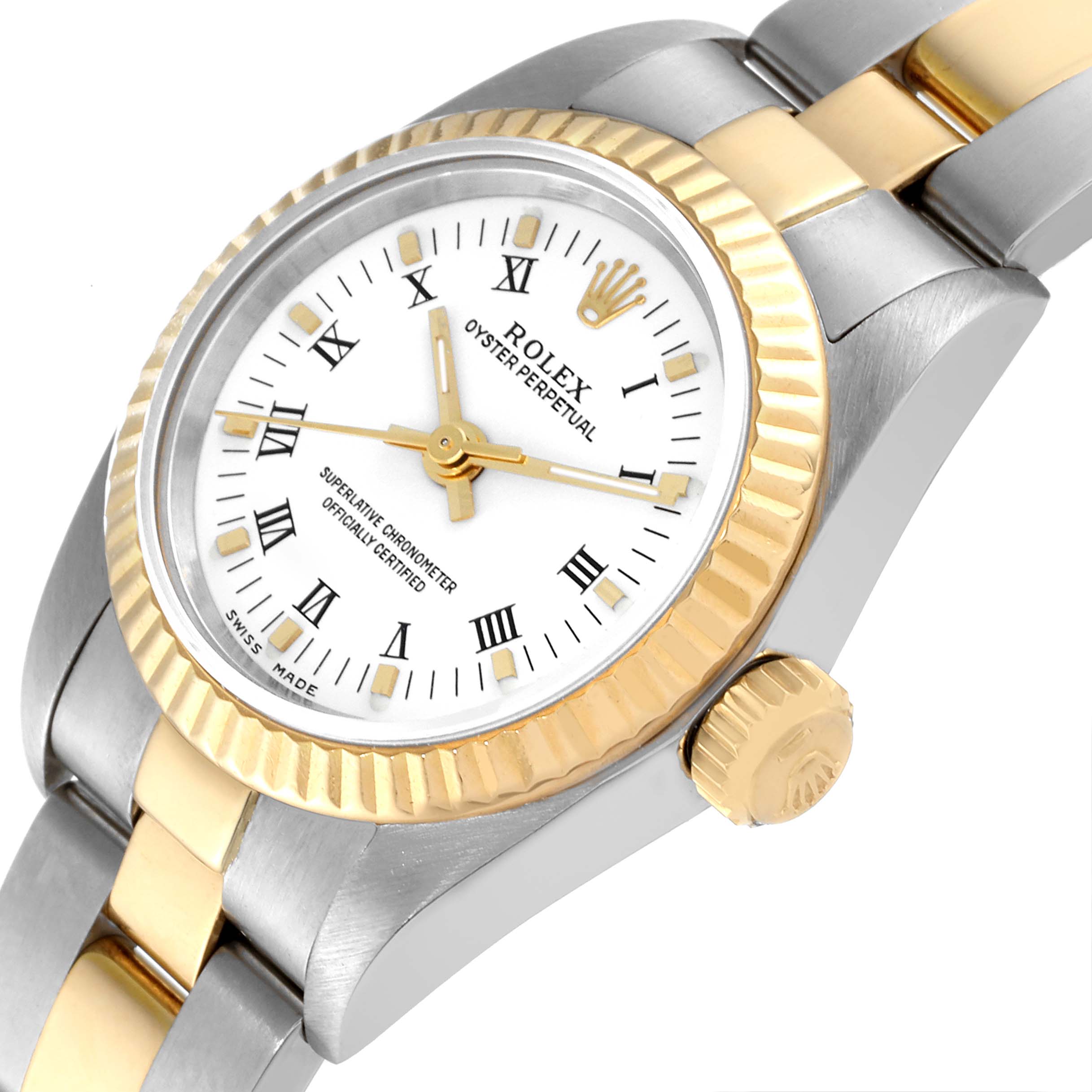 The image shows a close-up angled view of the Rolex Oyster Perpetual 76193 Women's Steel and Gold (two tone) White Dial 76193 Women's Steel and Gold (two tone) White Dial watch, highlighting the dial, bezel, and part of the bracelet.