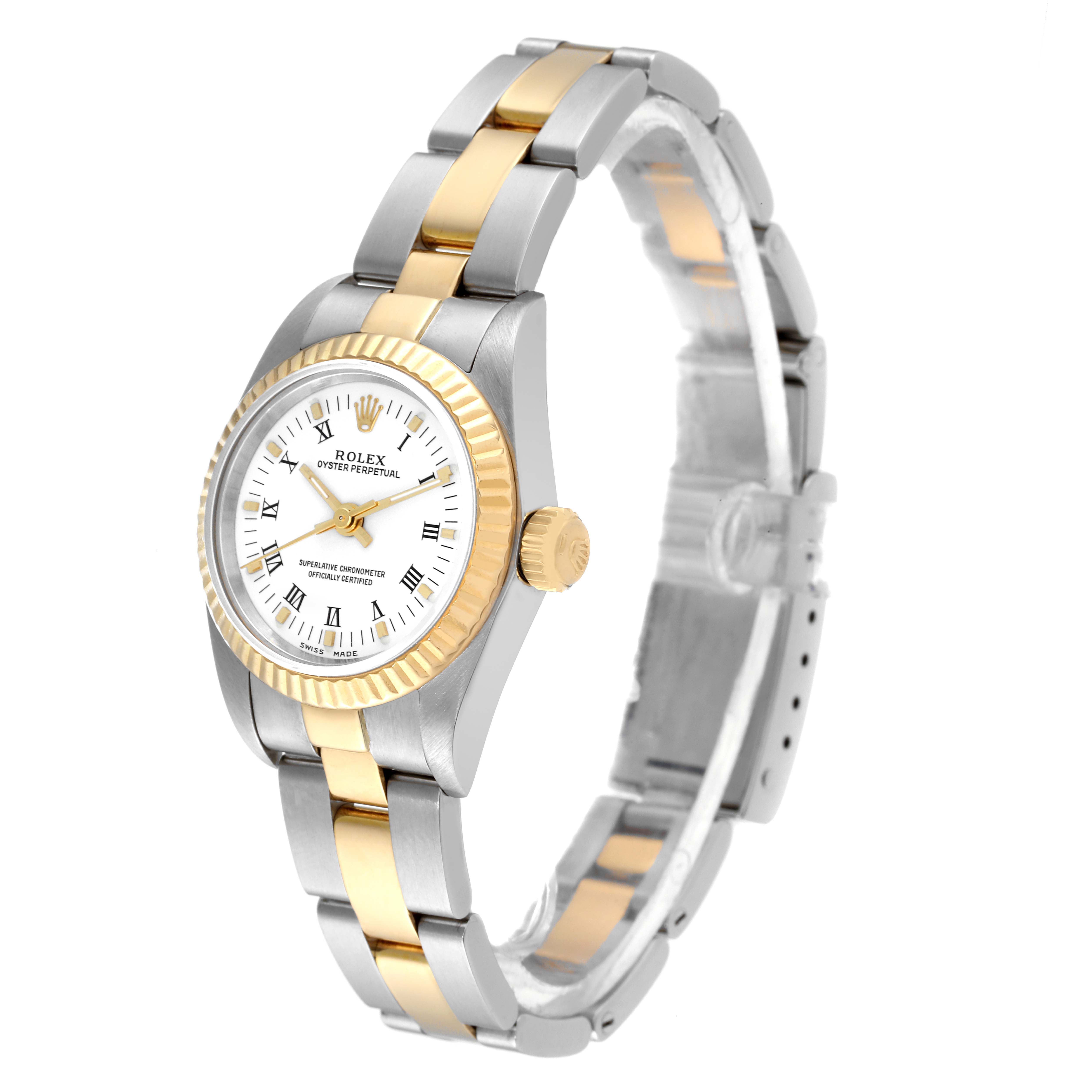 The image shows a Rolex Oyster Perpetual 76193 Women's Steel and Gold (two tone) White Dial 76193 Women's Steel and Gold (two tone) White Dial watch at a slight angle, highlighting the dial, bezel, crown, and bracelet.