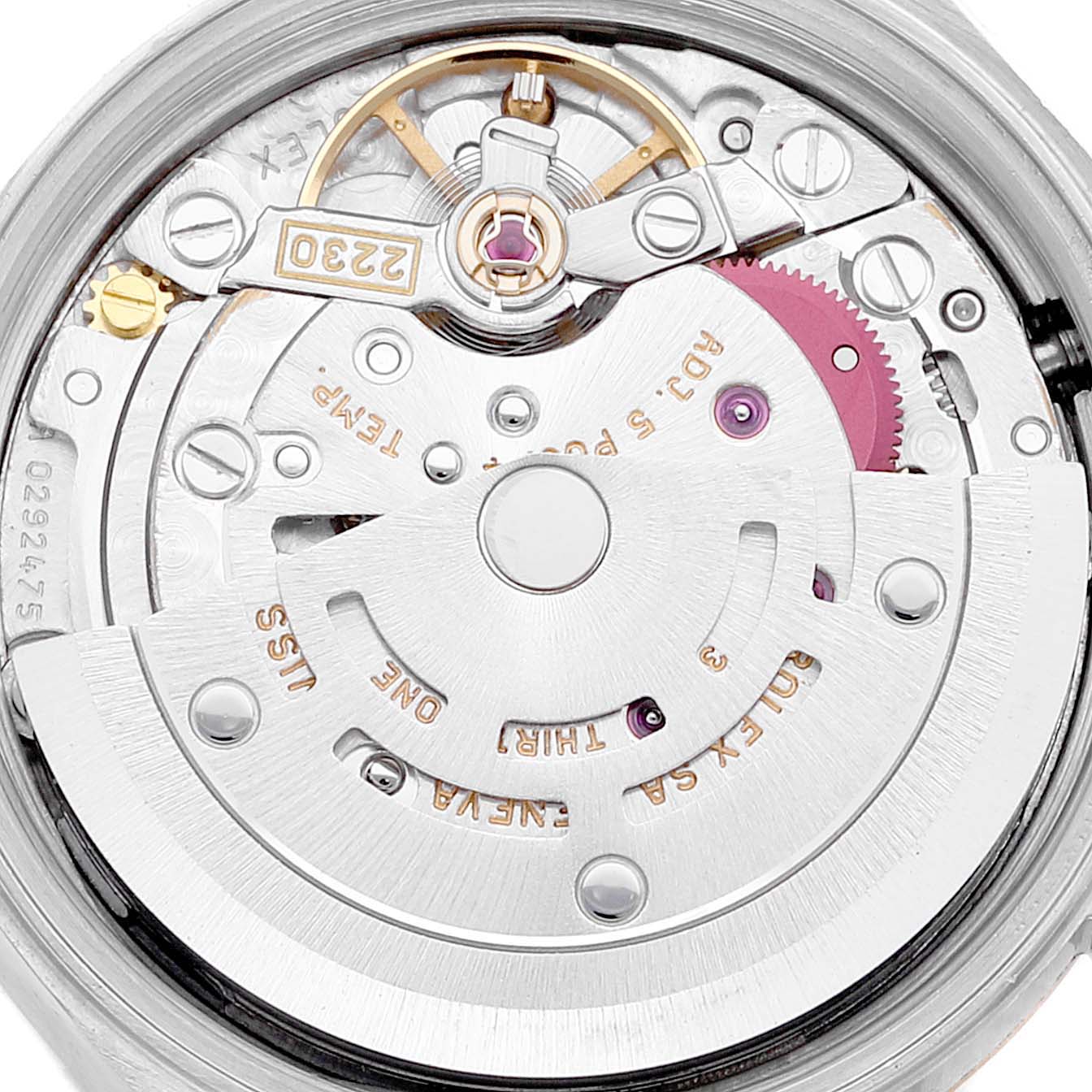 This close-up image shows the intricate mechanical movement of the Rolex Oyster Perpetual 76193 Women's Steel and Gold (two tone) White Dial 76193 Women's Steel and Gold (two tone) White Dial watch, emphasizing gears and components.