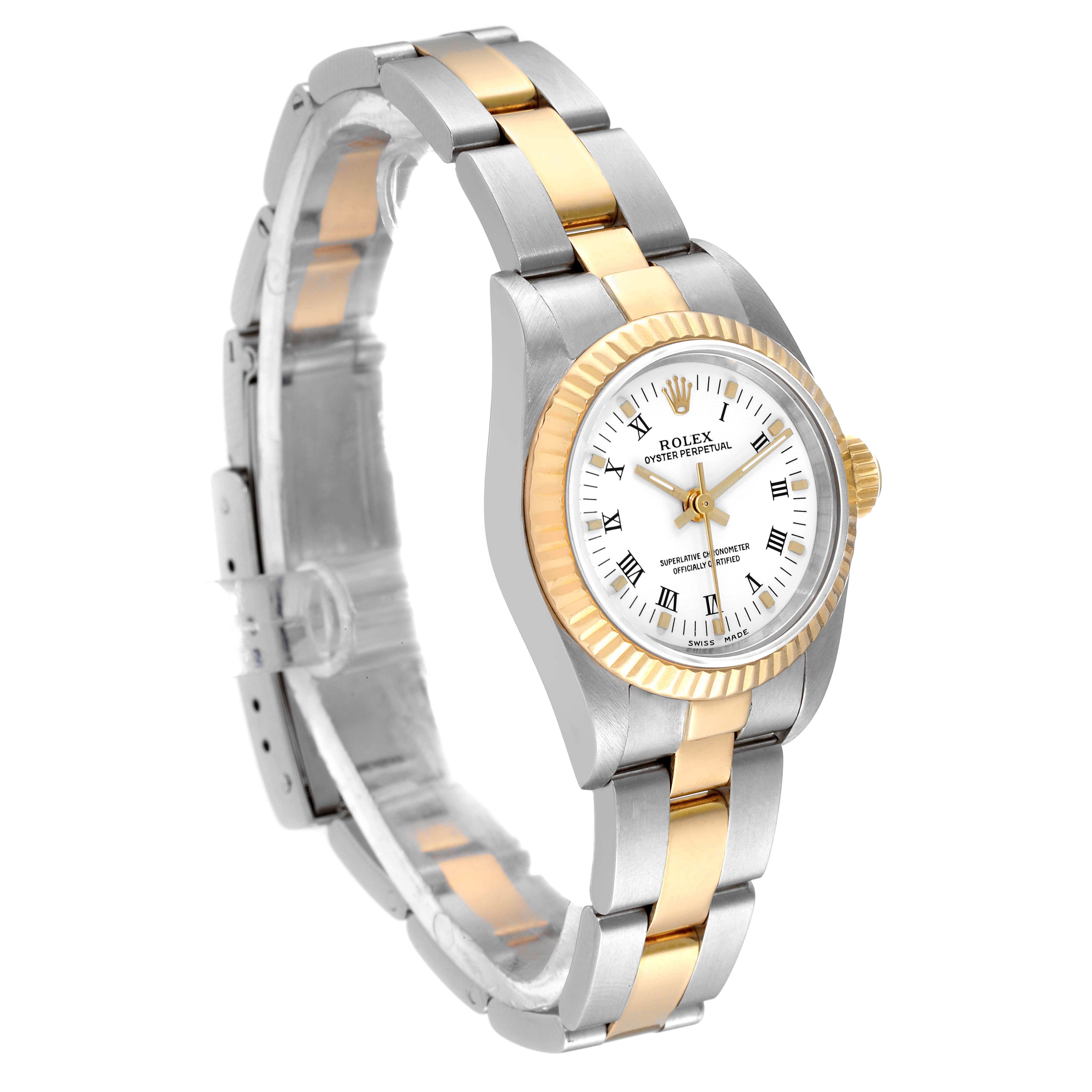 The image shows a Rolex Oyster Perpetual 76193 Women's Steel and Gold (two tone) White Dial 76193 Women's Steel and Gold (two tone) White Dial watch at a three-quarter angle, showcasing the dial, bezel, and two-tone bracelet.