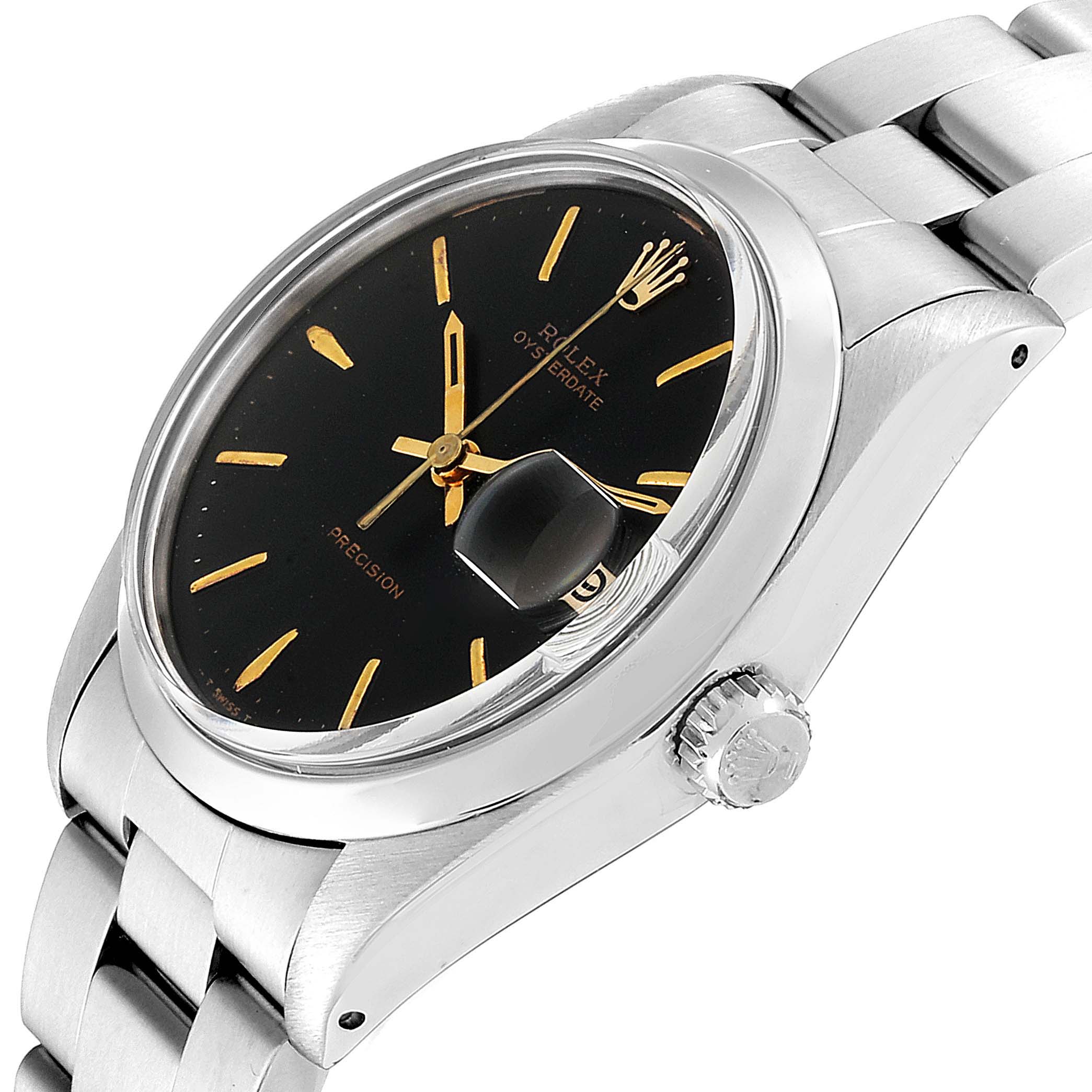 The image shows a close-up side angle of the Rolex Vintage Collection 6694 Men
s Stainless Steel Black Dial 6694 Men
s Stainless Steel Black Dial watch, highlighting the dial, crown, and partial bracelet.