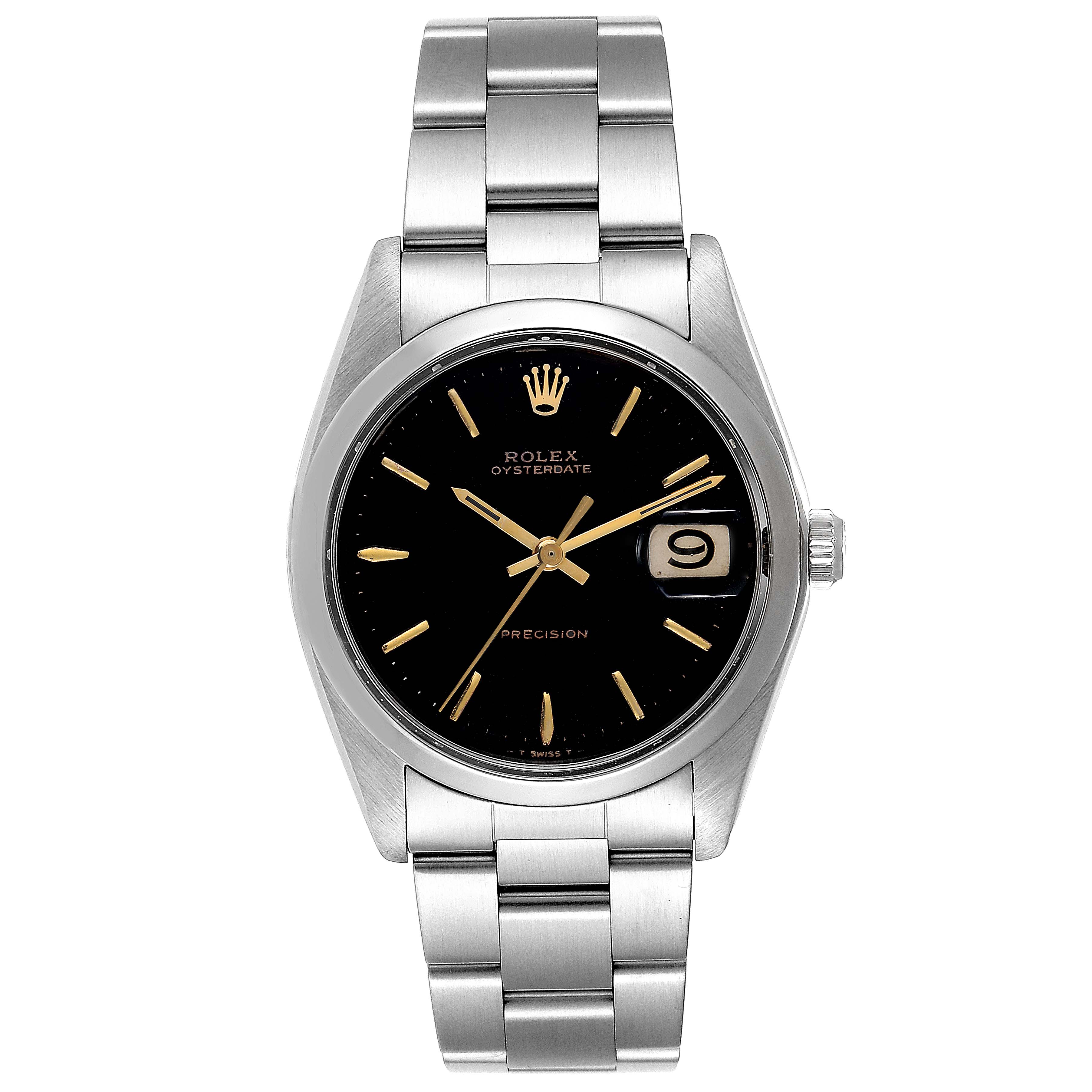 The Rolex Vintage Collection 6694 Men
s Stainless Steel Black Dial 6694 Men
s Stainless Steel Black Dial watch is shown from a front angle, displaying its black dial, metal bracelet, and date indicator.