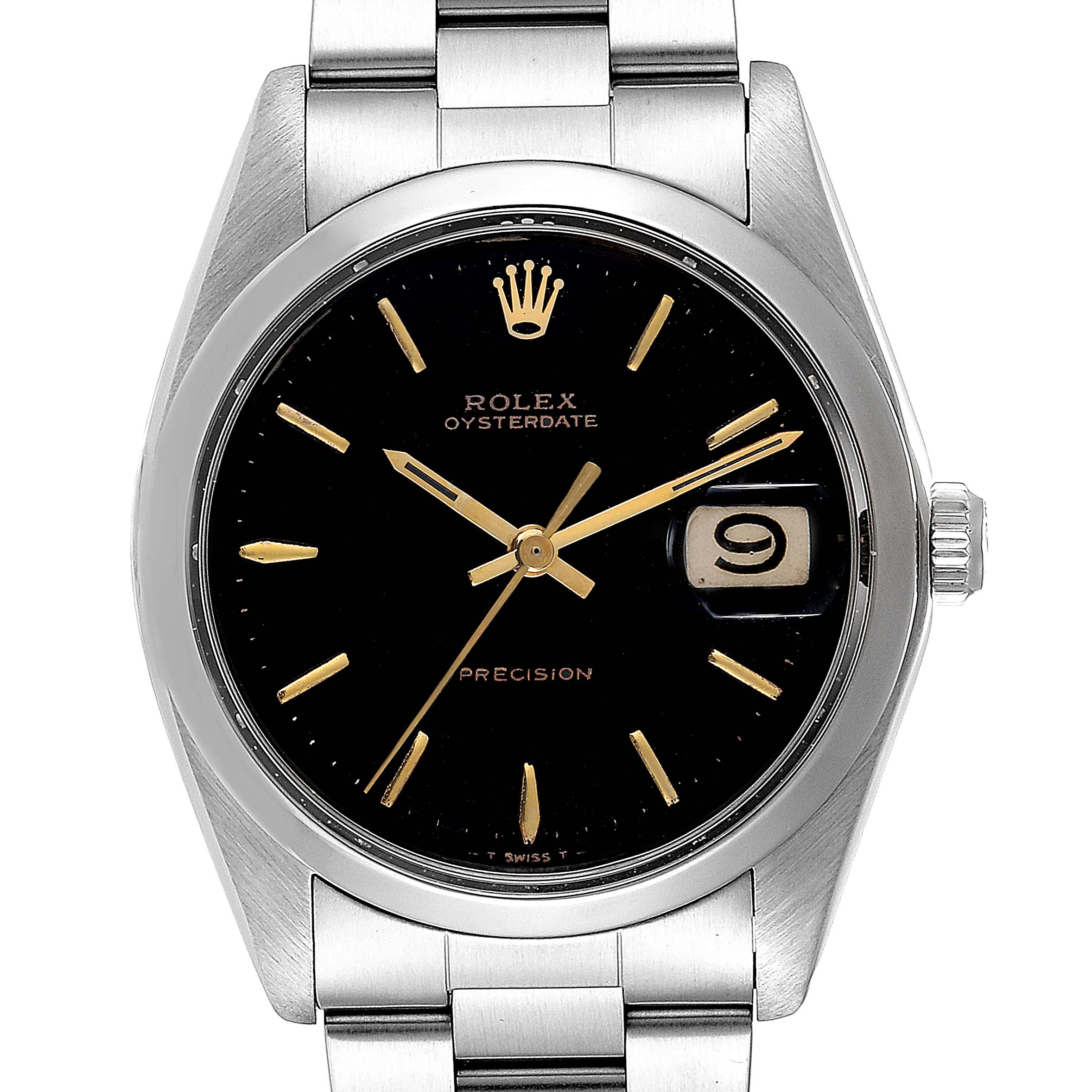 The image shows a frontal view of a Rolex Vintage Collection 6694 Men
s Stainless Steel Black Dial 6694 Men
s Stainless Steel Black Dial model watch, displaying the dial, hands, date, and bracelet.